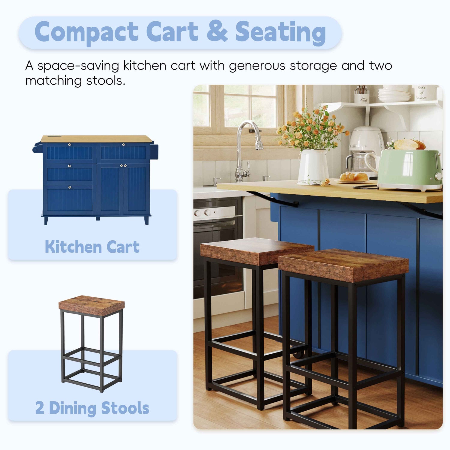 Farmhouse Kitchen Island with Drop Leaf, Power Outlet & 2 Seats product view 2