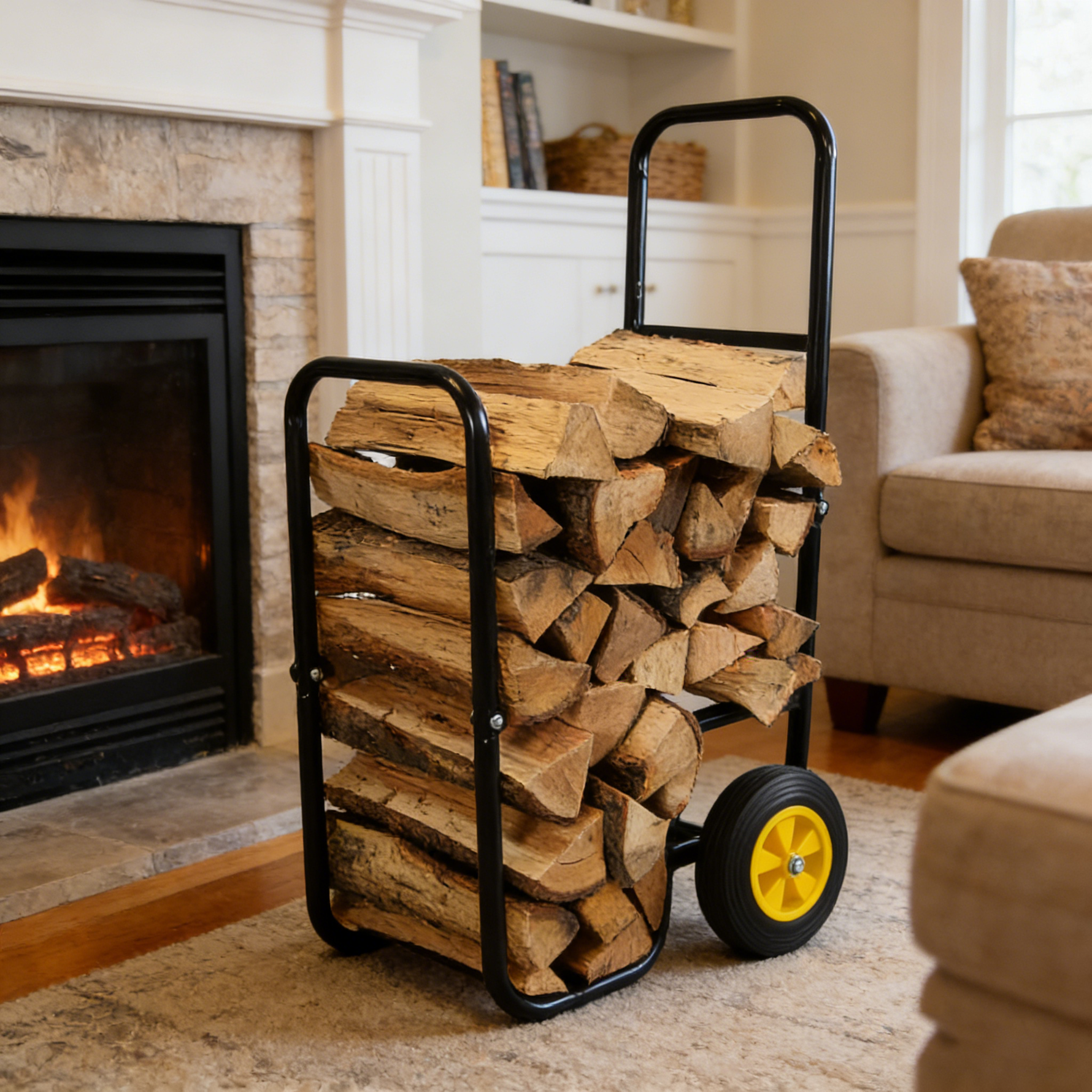 Rolling Steel Firewood Log Cart & Storage Rack for workshop, garage, storage, or utility use