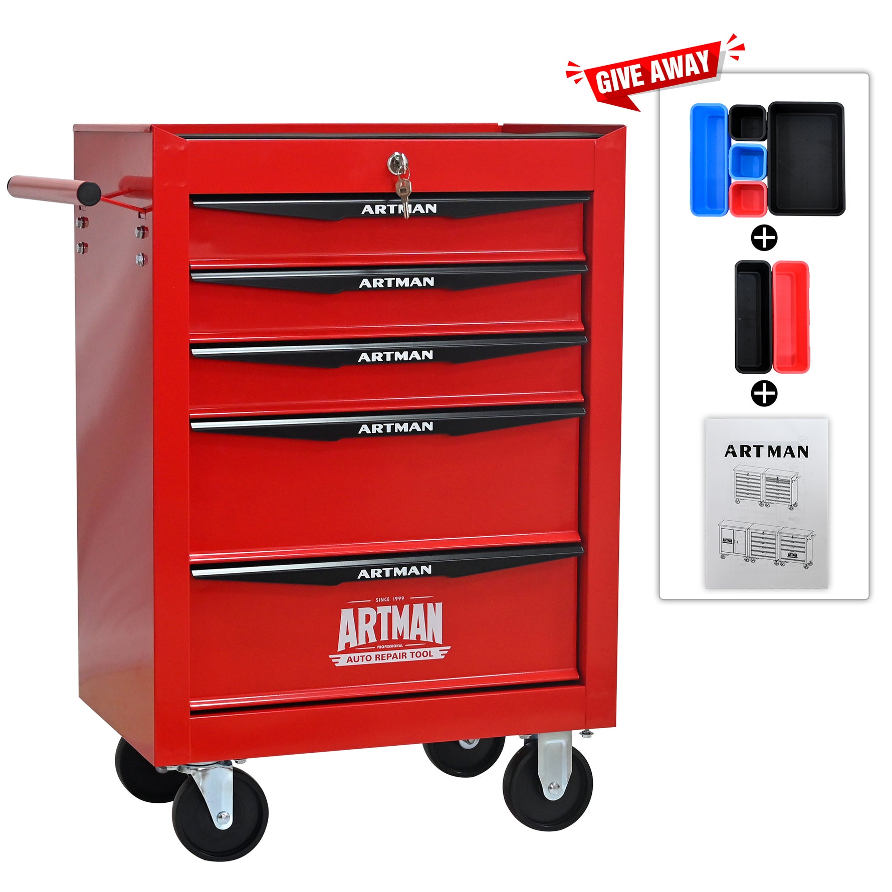 Rolling 5-Drawer Steel Tool Chest with Stainless Steel Top for workshop, garage, storage, or utility use