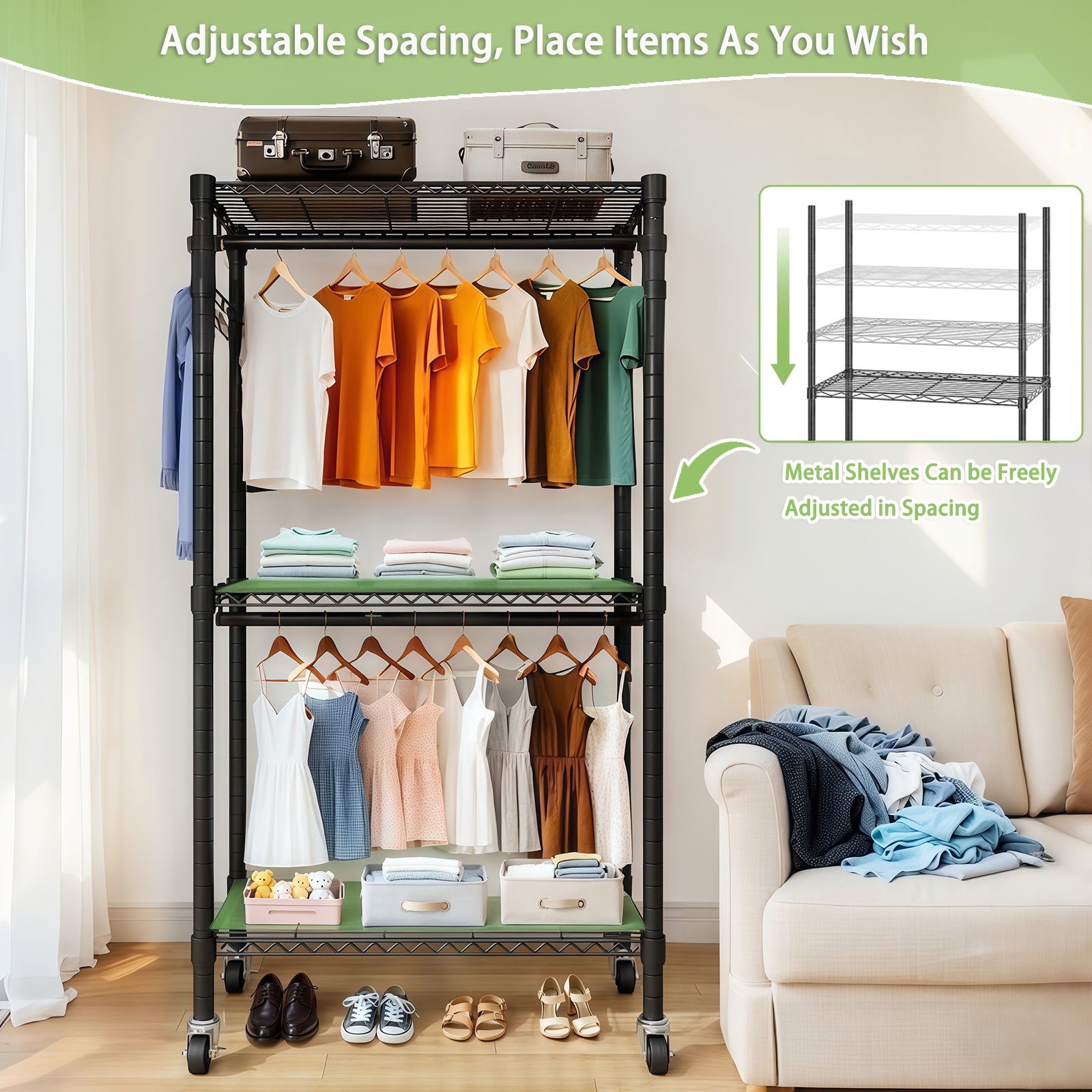 Heavy Duty Rolling Clothes Rack with 3 Tier Shelves, 2 Rails & Side Hooks for workshop, garage, storage, or utility use