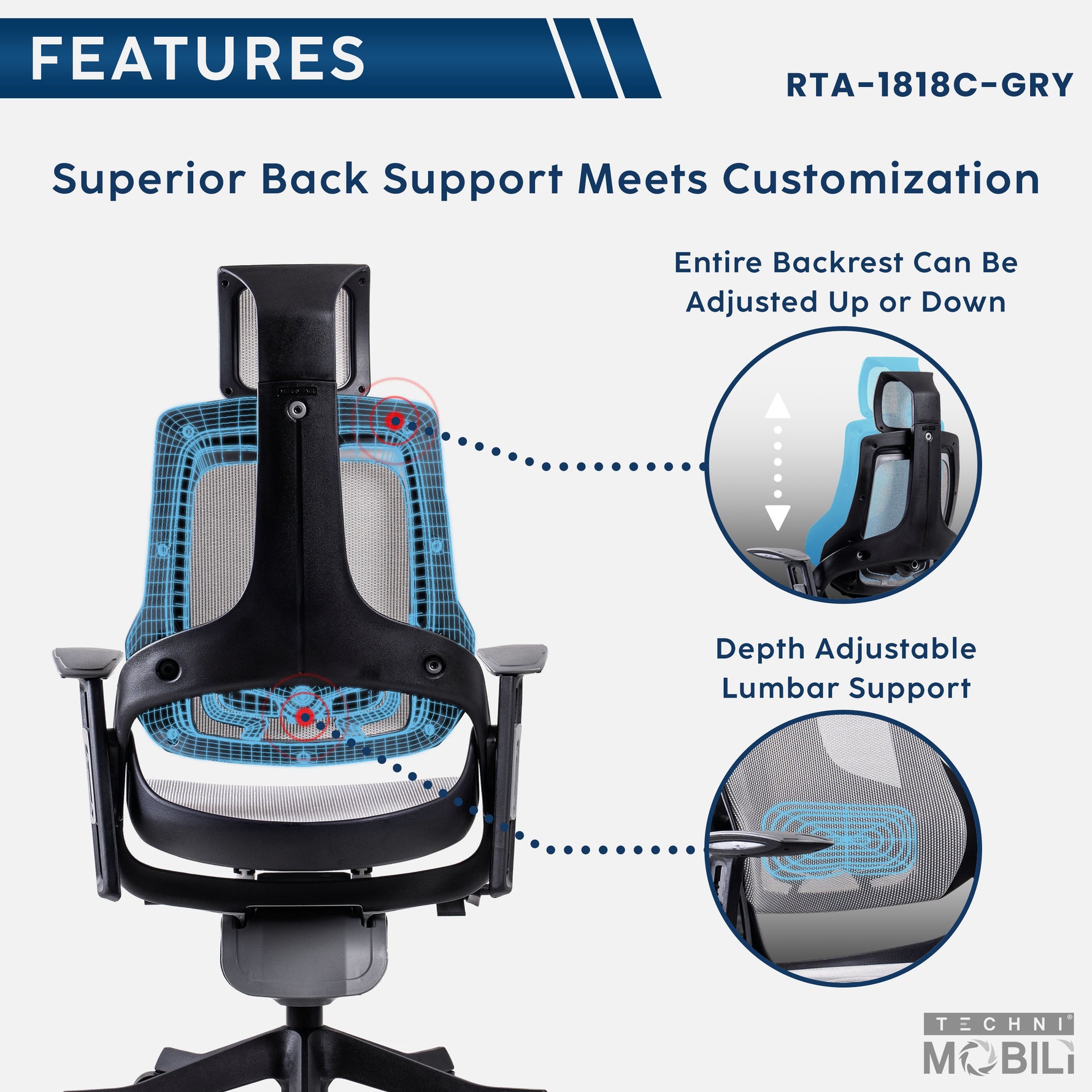 Techni Mobili LUX Ergonomic Executive Chair, Grey for home office seating