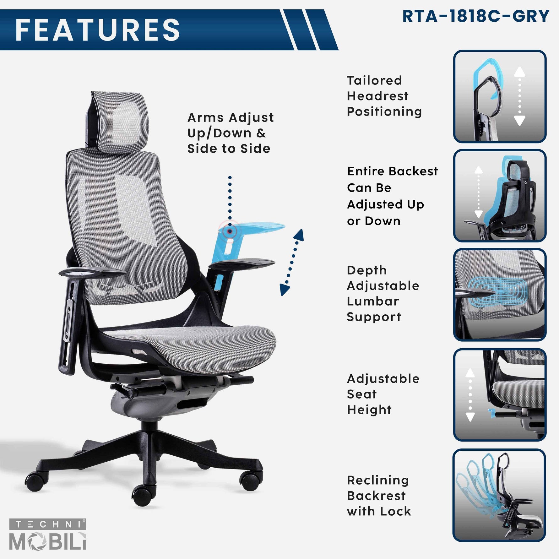 Techni Mobili LUX Ergonomic Executive Chair, Grey for home office seating