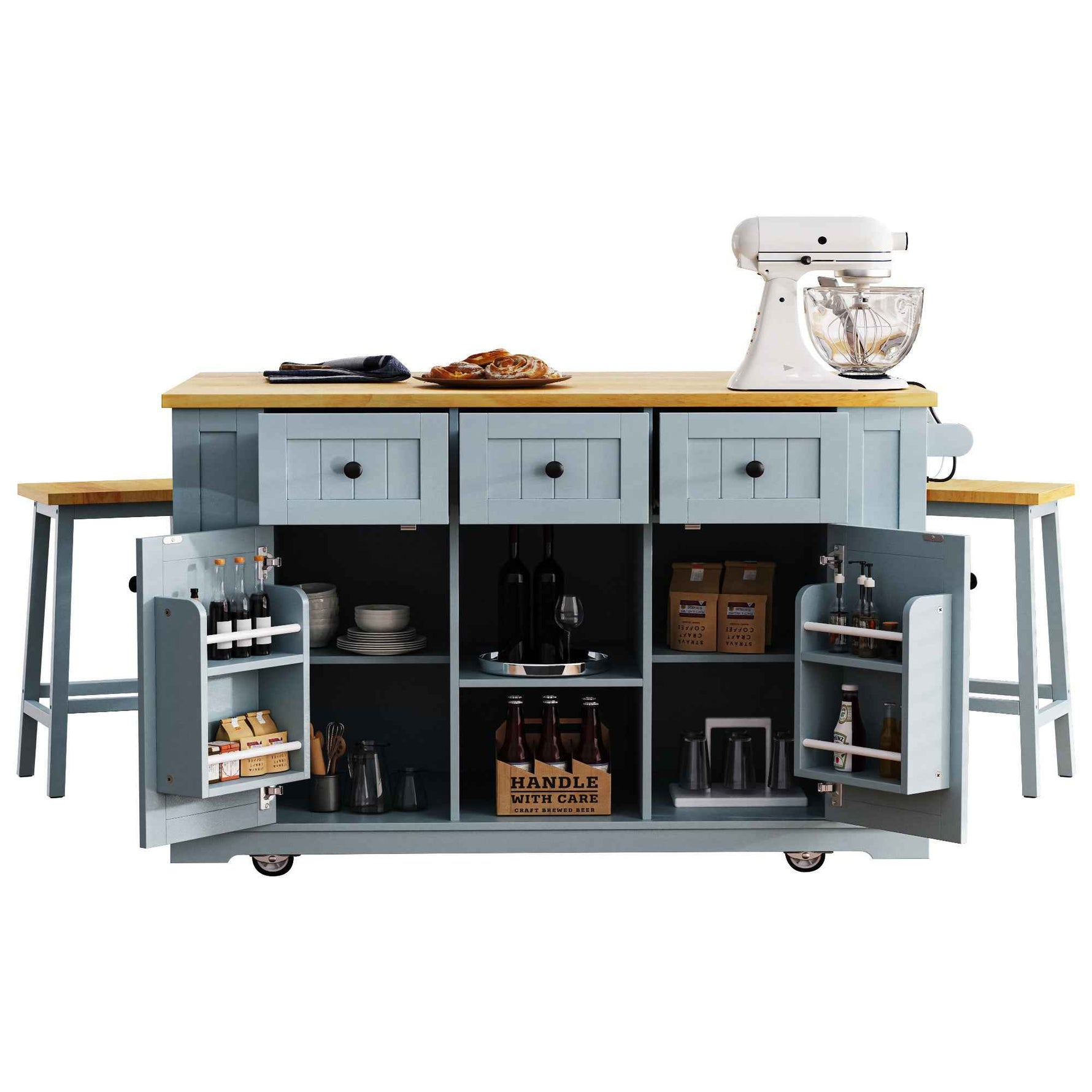 53 in. Farmhouse Kitchen Island with Power Outlet & Stools product view 70