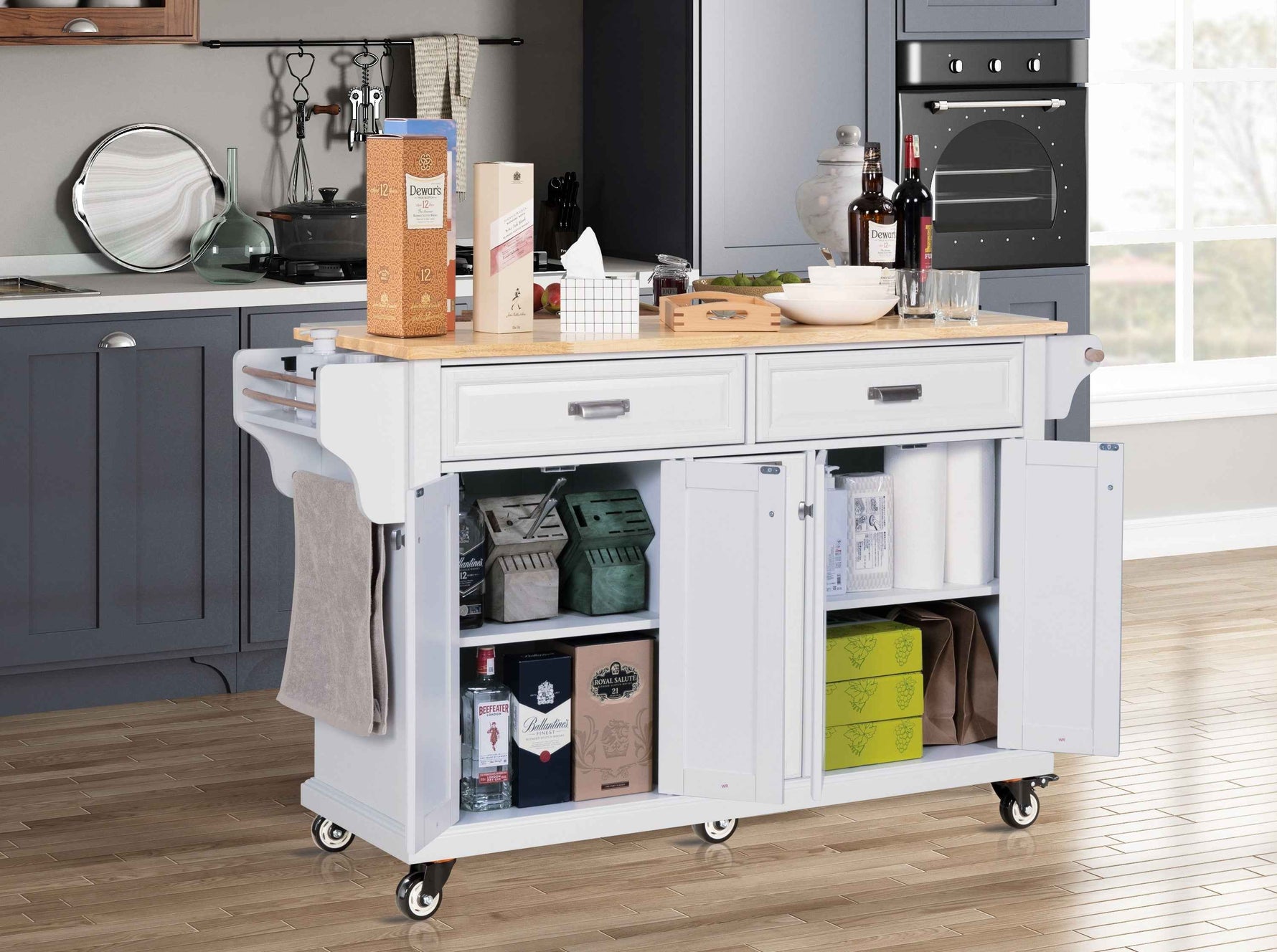 Rubberwood Drop-Leaf Kitchen Cart with 3 Drawers product view 7