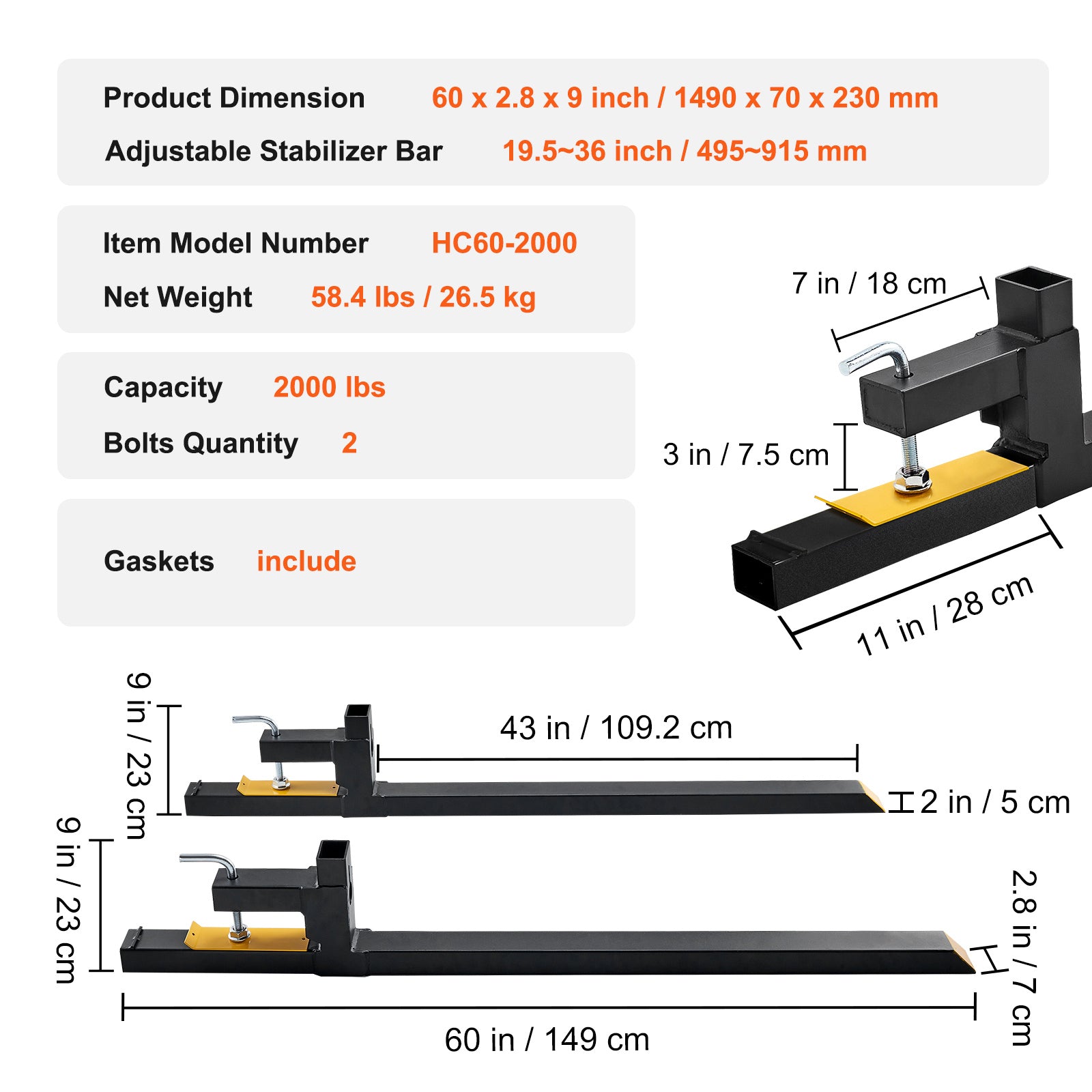 VEVOR 60" Clamp-On Pallet Forks, 2000 lb Capacity for workshop, garage, storage, or utility use