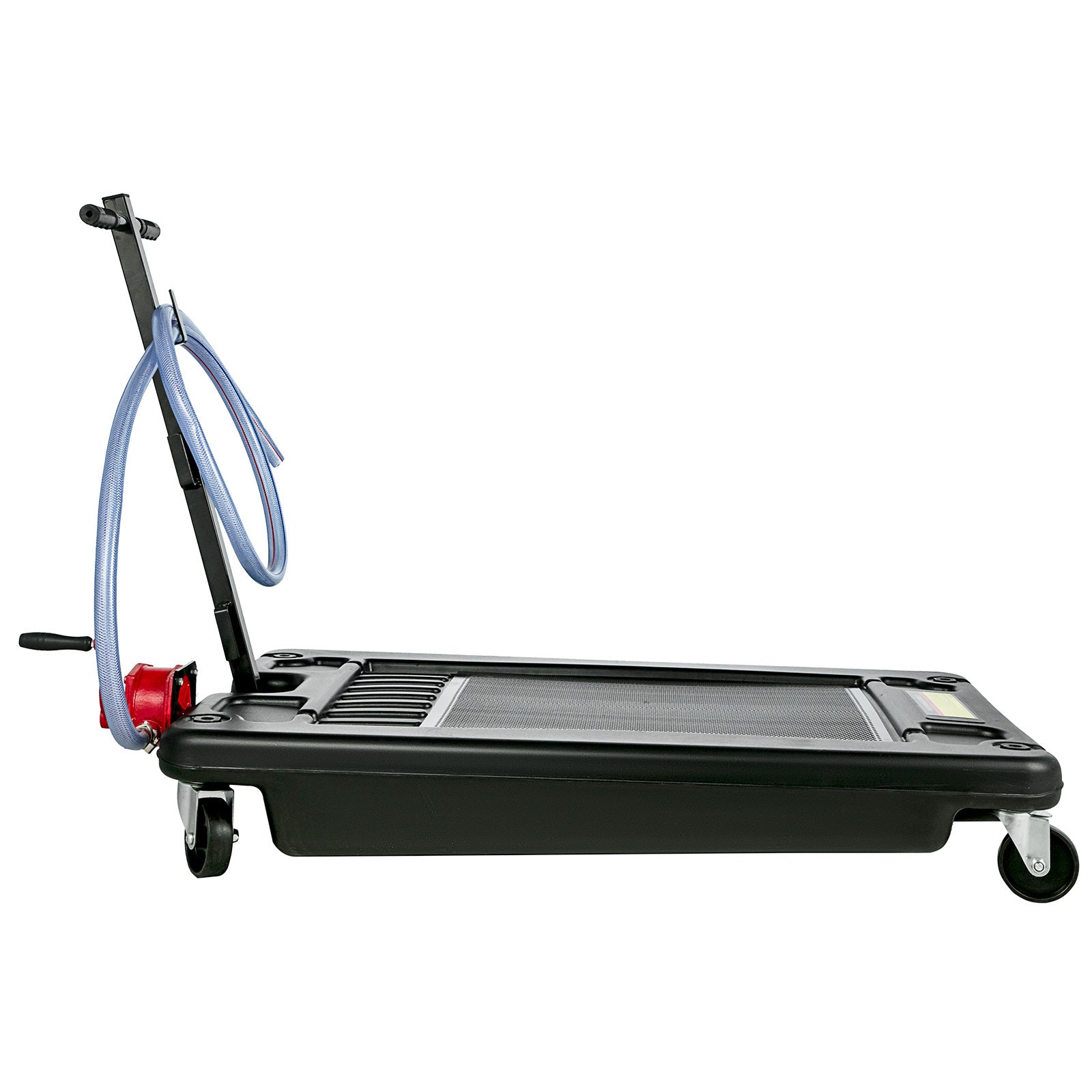 Low-Profile Rolling Oil Drain Pan with Manual Pump for workshop, garage, storage, or utility use