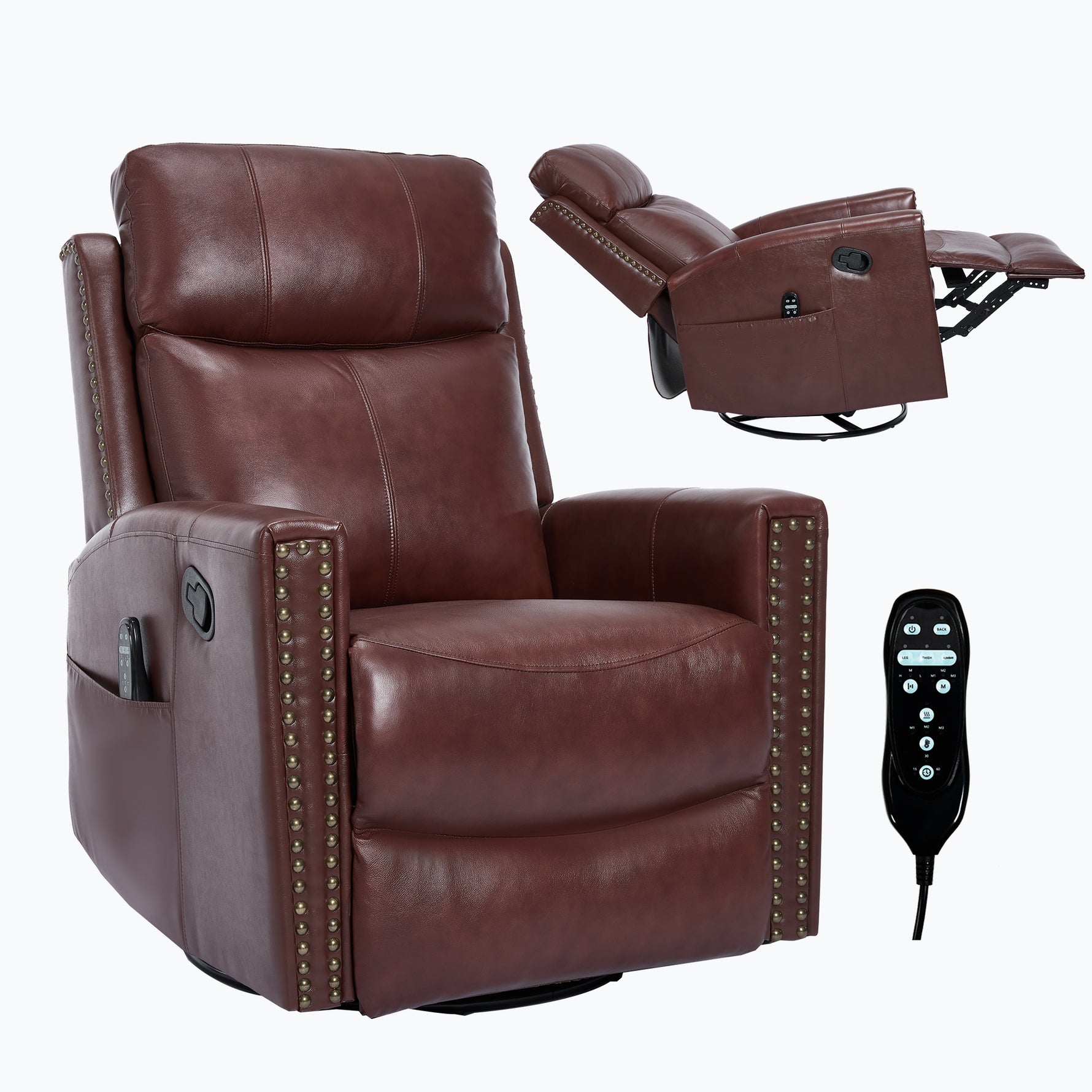 Genuine Leather Heat Massage Manual Recliner Chair with Rocker and Swivel for Living Room detail image 32