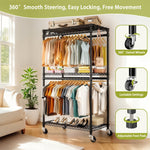 Heavy Duty Rolling Clothes Rack with 3 Tier Shelves, 2 Rails & Side Hooks for workshop, garage, storage, or utility use