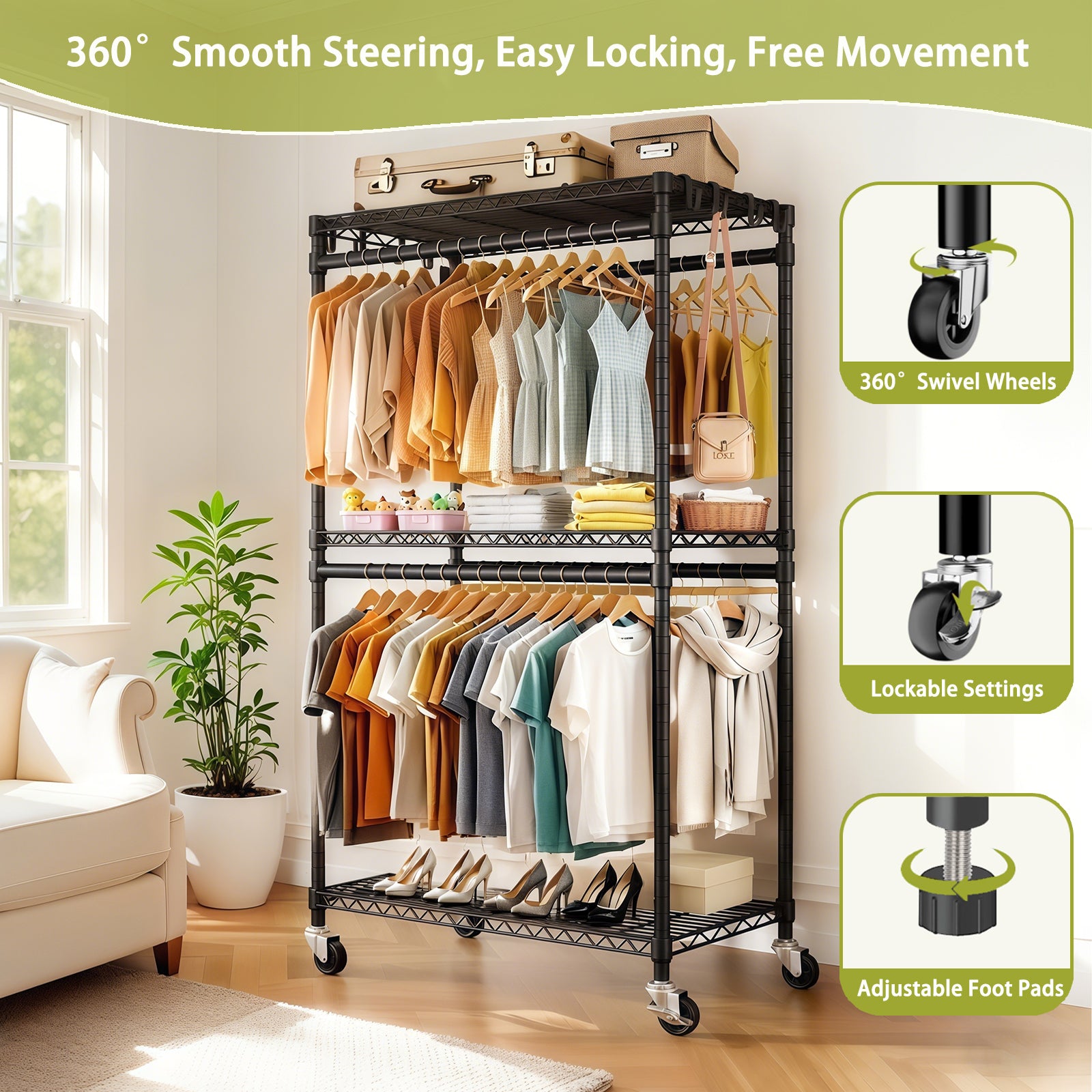 Heavy Duty Rolling Clothes Rack with 3 Tier Shelves, 2 Rails & Side Hooks for workshop, garage, storage, or utility use
