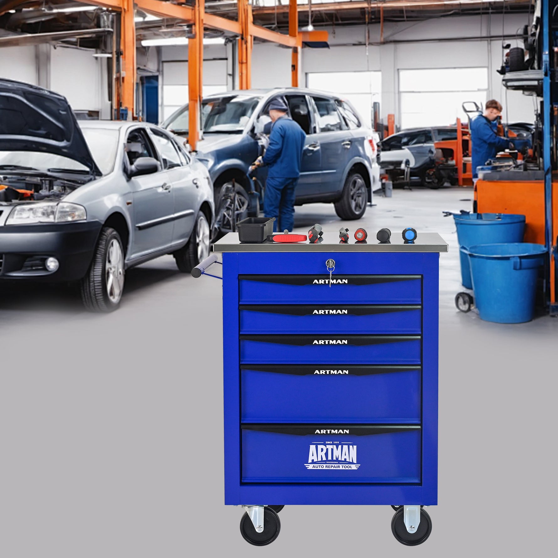 Rolling 5-Drawer Steel Tool Chest with Stainless Steel Top for workshop, garage, storage, or utility use