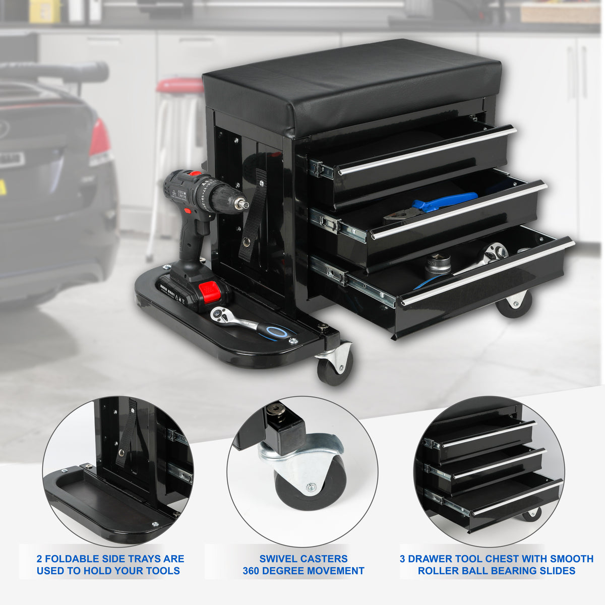 Rolling Mechanic Seat with 3-Drawer Tool Storage, 350 lb Capacity product image