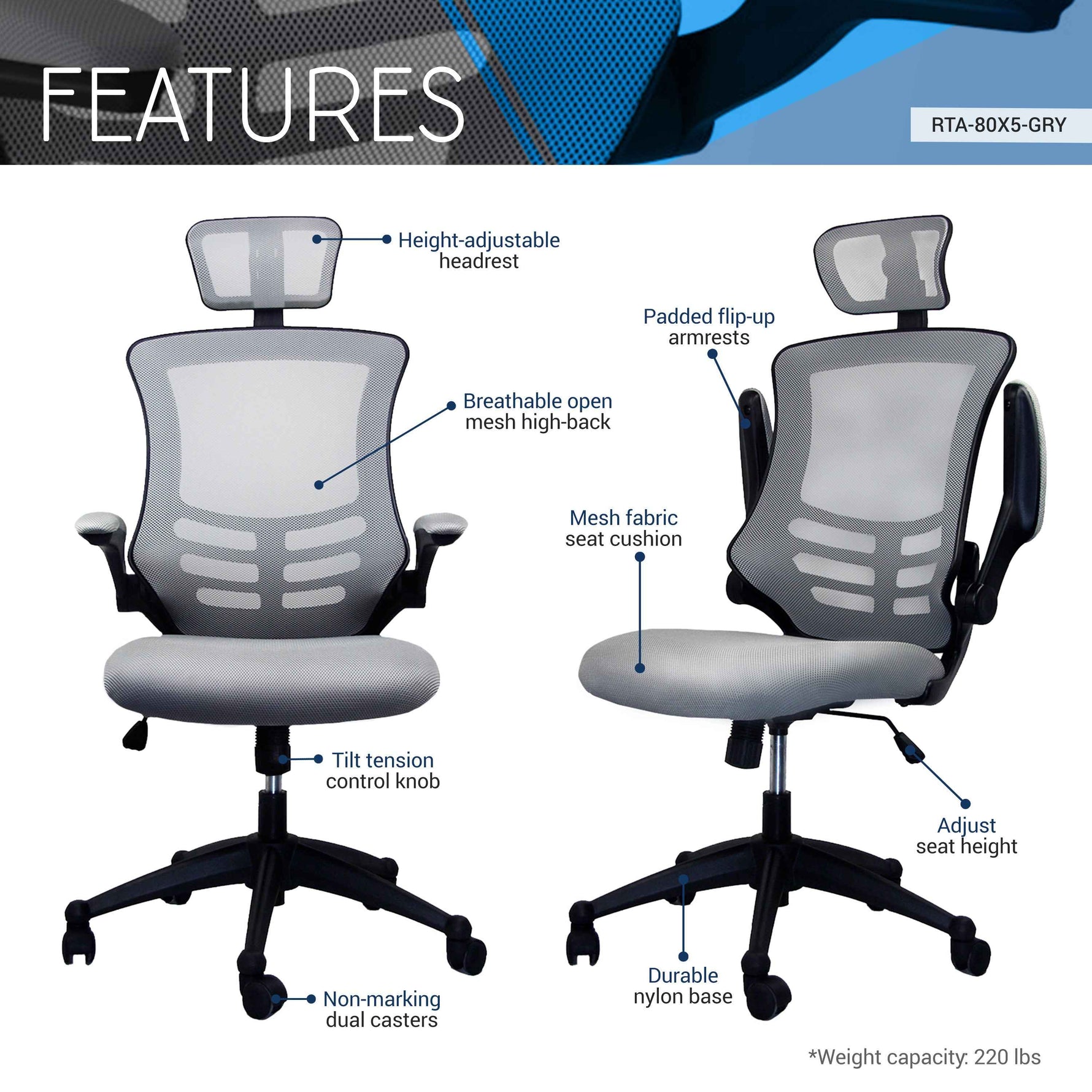 Techni Mobili High-Back Mesh Executive Chair, Silver Grey for home office seating