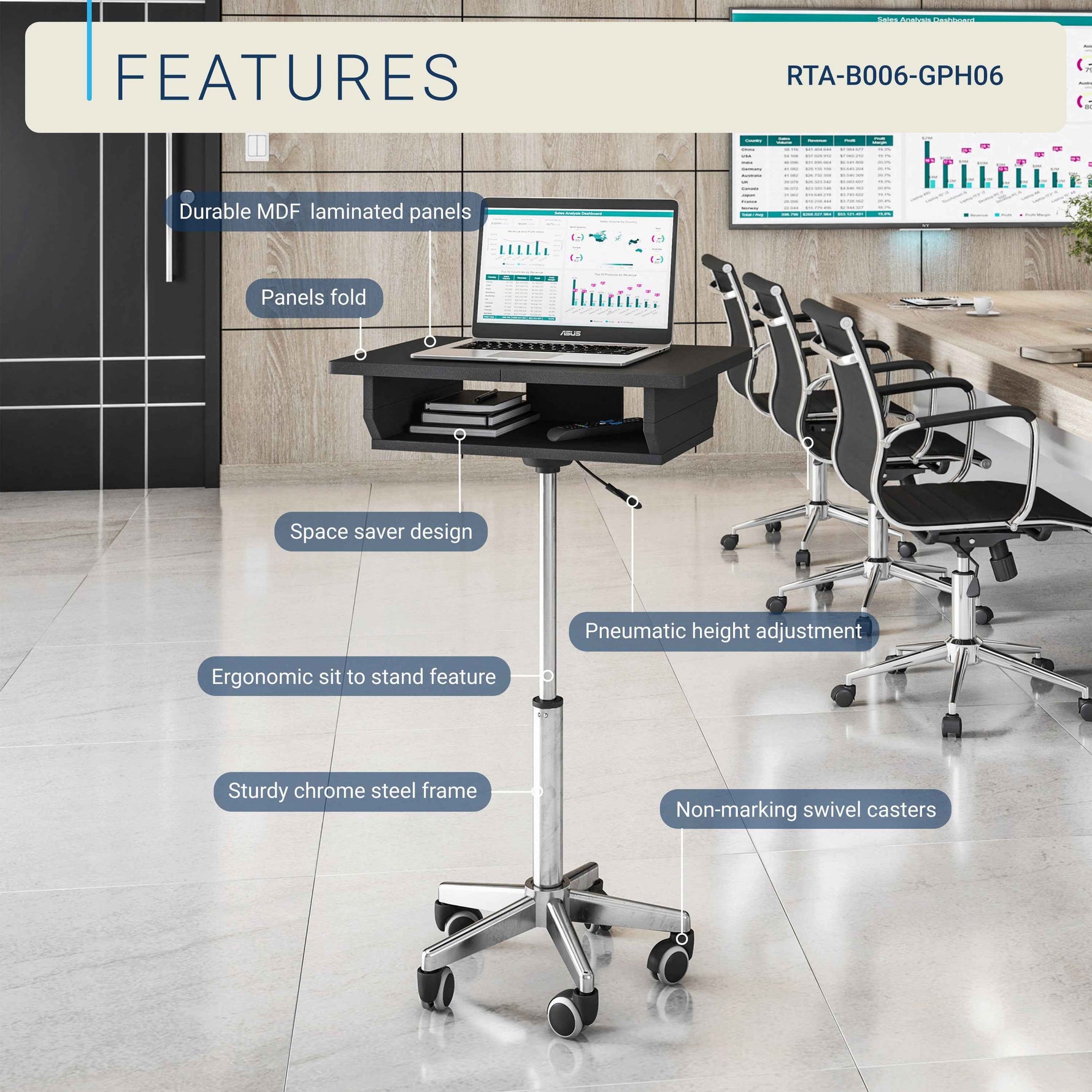 Techni Mobili Folding Table Laptop Cart, Graphite mobile laptop workstation