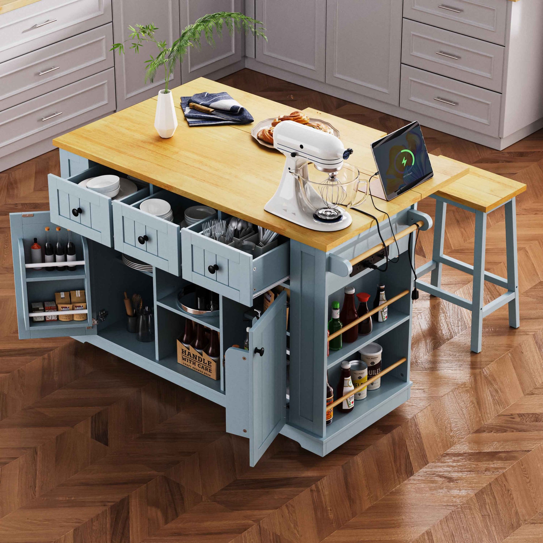 53 in. Farmhouse Kitchen Island with Power Outlet & Stools product view 62