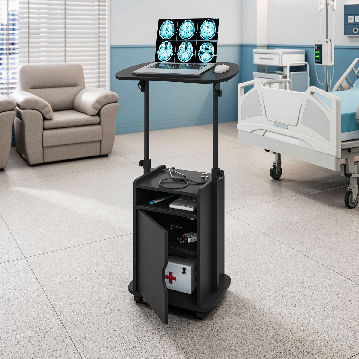 Techni Mobili Sit-to-Stand Laptop Cart with Storage mobile laptop workstation