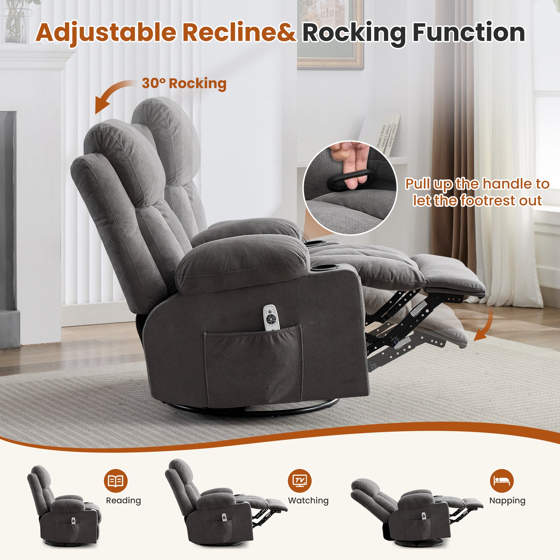 Swivel Rocker Recliner Chair with Vibration Massage, Heat, USB Port and Cup Holderrs detail image 29