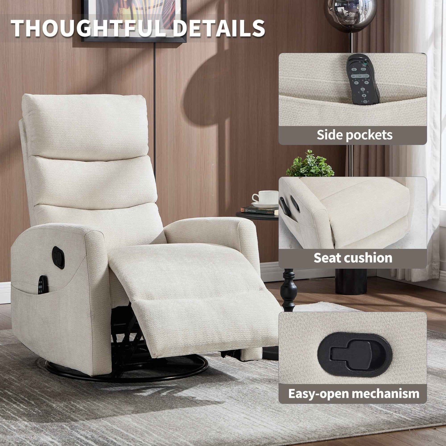 Heat Massage Manual Recliner Chair with Rocker and Swivel in Fabric for Living Room detail image 2