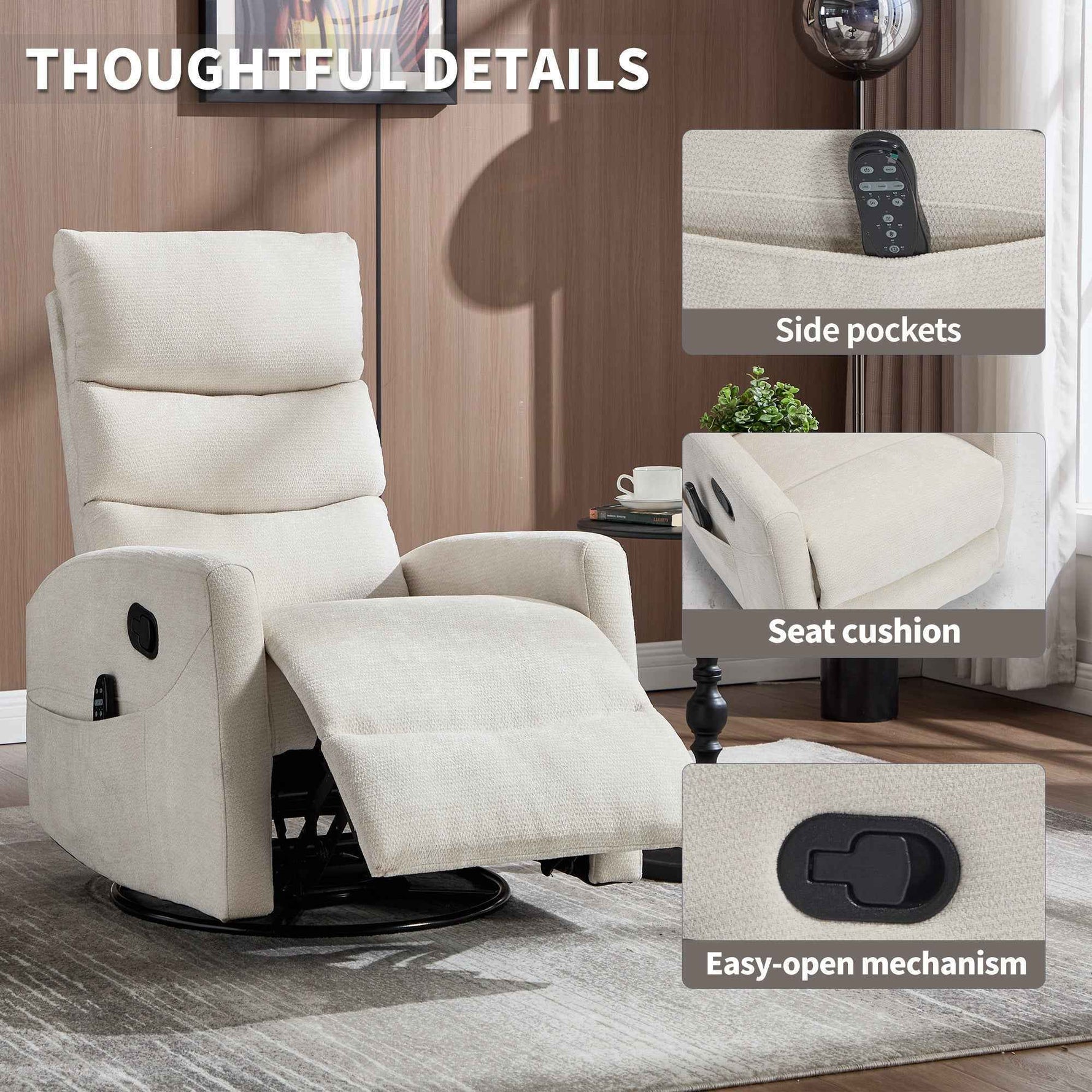 Heat Massage Manual Recliner Chair with Rocker and Swivel in Fabric for Living Room detail image 2