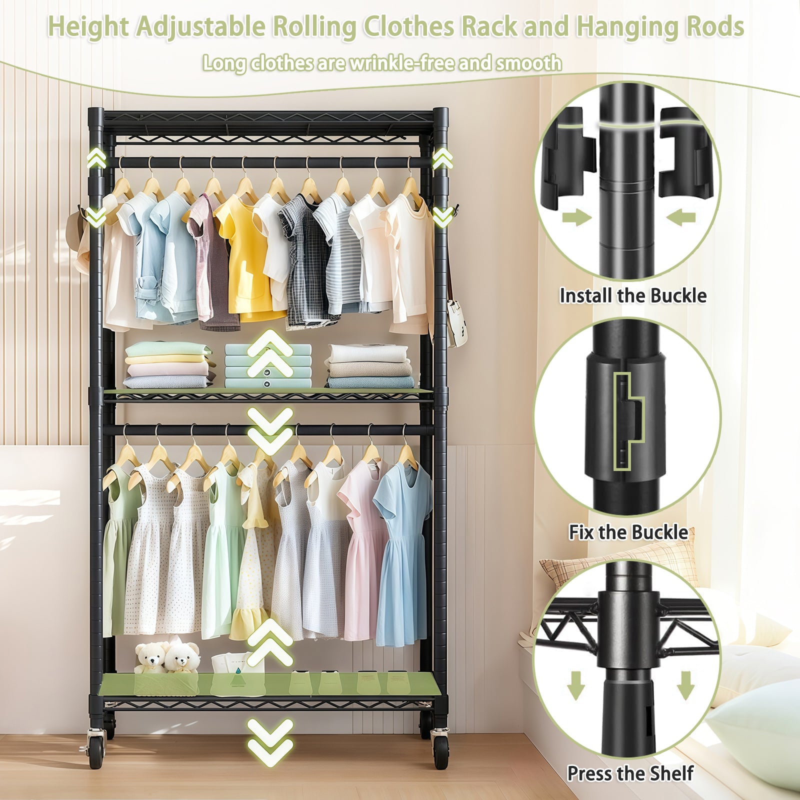 Heavy Duty Rolling Clothes Rack with 3 Tier Shelves, 2 Rails & Side Hooks for workshop, garage, storage, or utility use