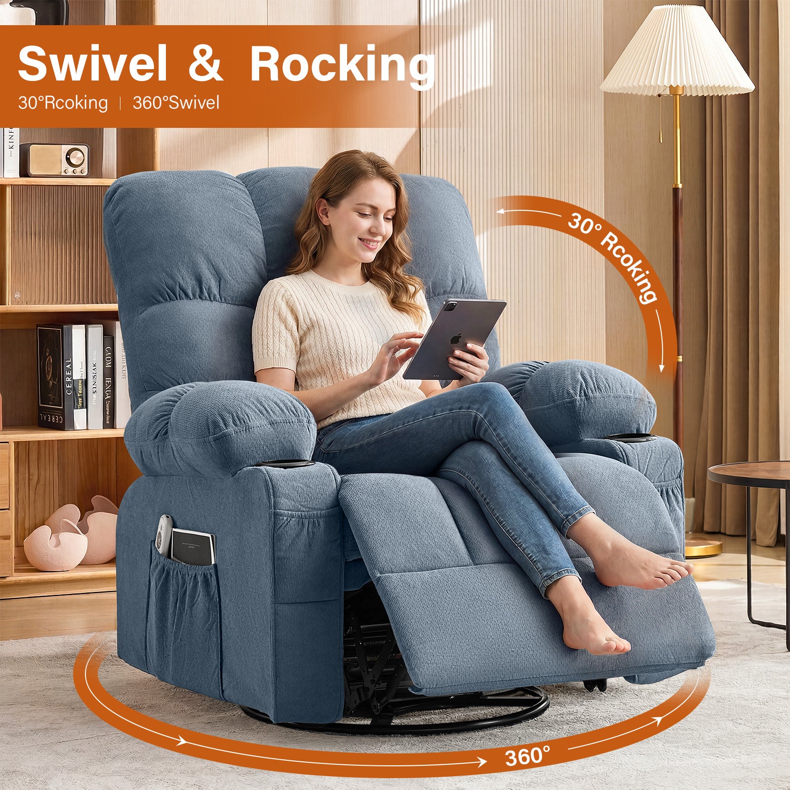 Massage Swivel Rocker Recliner Chair with Vibration, Lumbar Heating, Side Pocket detail image 5