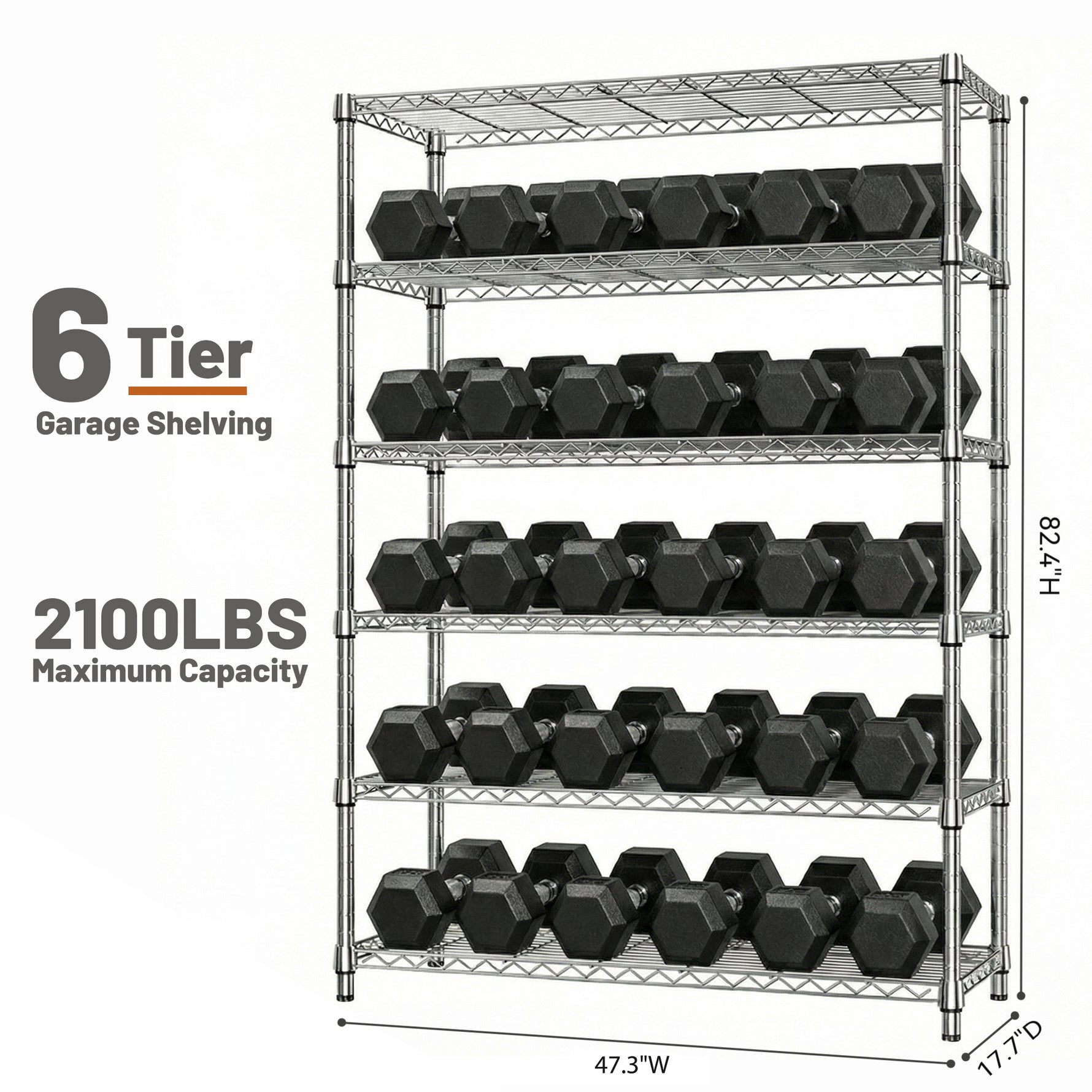 6-Tier Adjustable Wire Shelving Unit, 2100 lb Capacity for workshop, garage, storage, or utility use