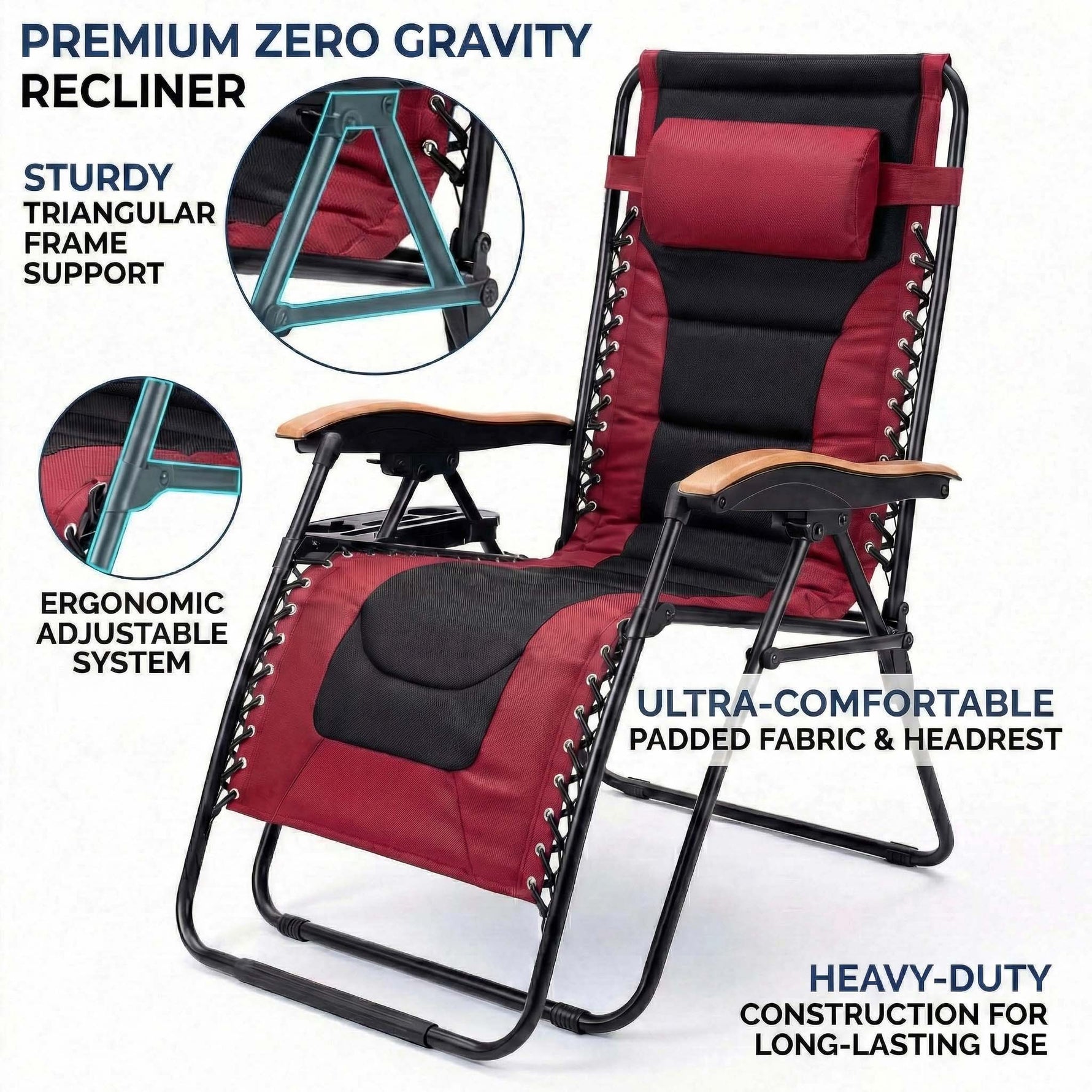 Oversized Padded Zero Gravity Chair with Cup Holder, 400 lb Capacity detail image 3