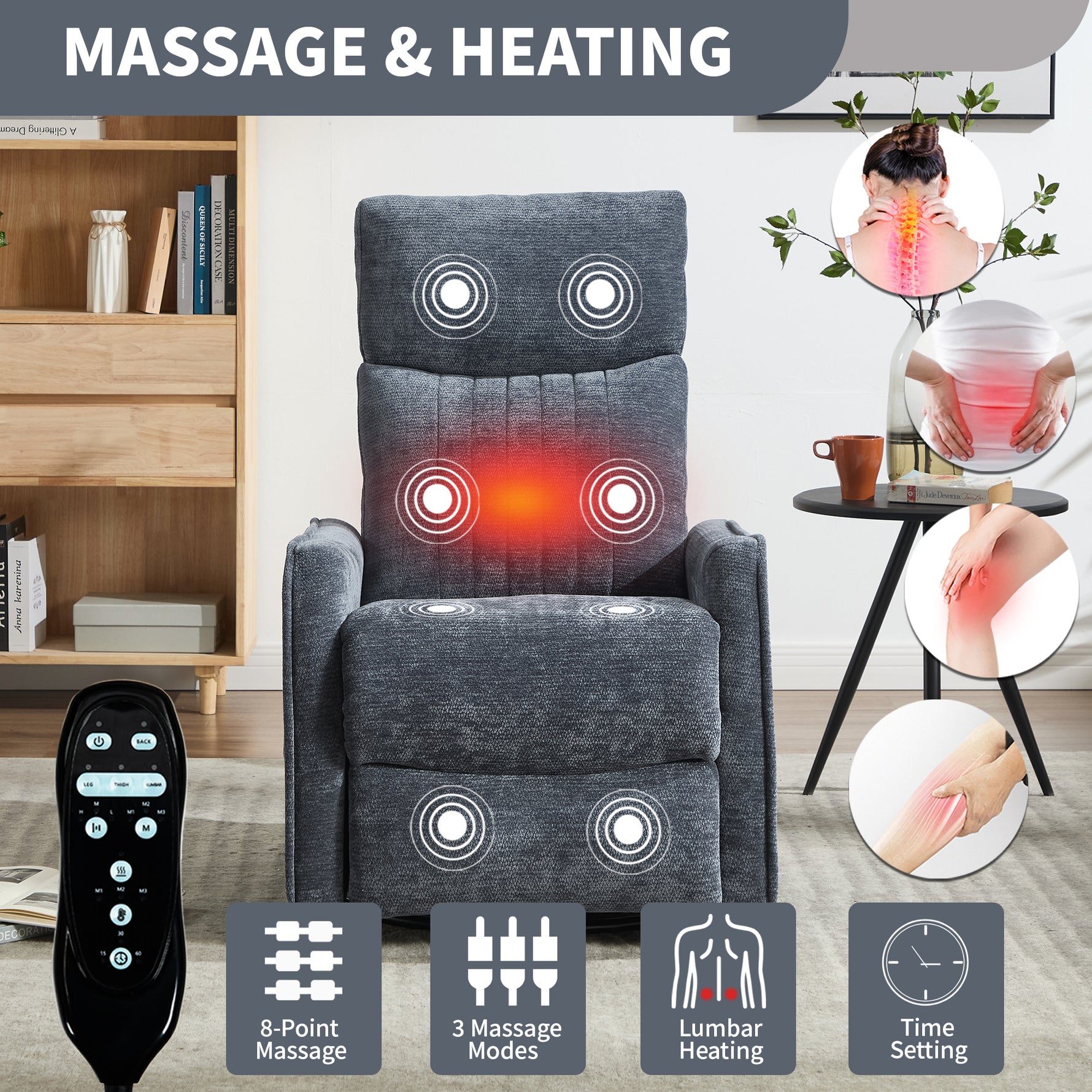 Heat Massage Manual Recliner Chair with Rocker and Swivel in Fabric for Living Room detail image 28