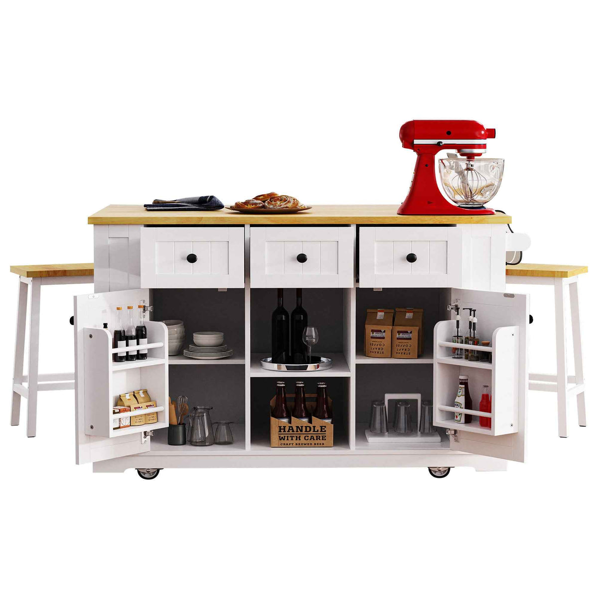 53 in. Farmhouse Kitchen Island with Power Outlet & Stools product view 34
