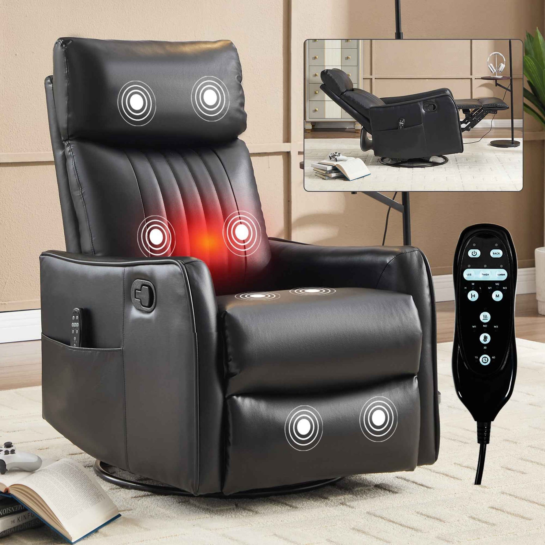 Faux Leather Heat Massage Manual Recliner Chair with Rocker and Swivel for Living Room product image