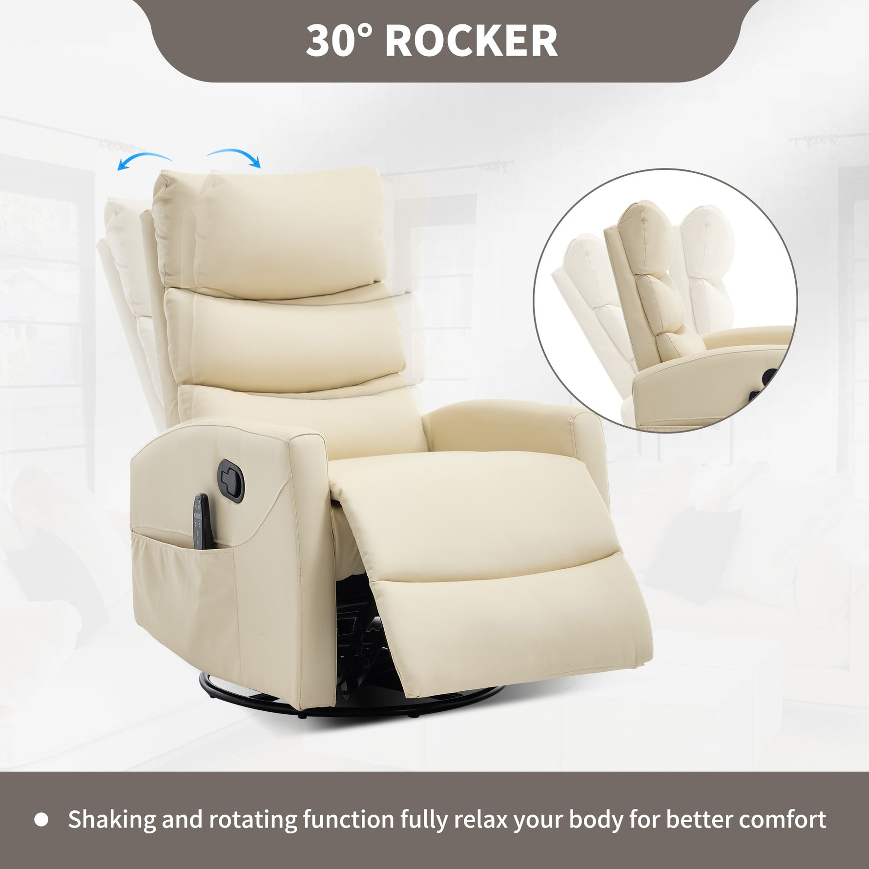 Heat Massage Manual Recliner Chair with Rocker and Swivel in Faux Leather for Living Room detail image 29