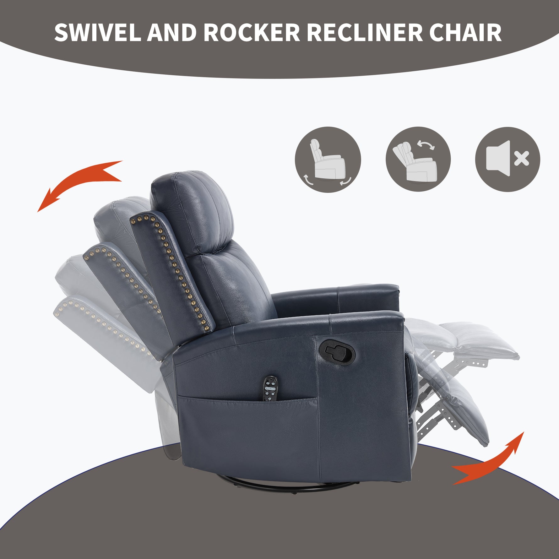 Genuine Leather Heat Massage Manual Recliner Chair with Rocker and Swivel for Living Room detail image 43