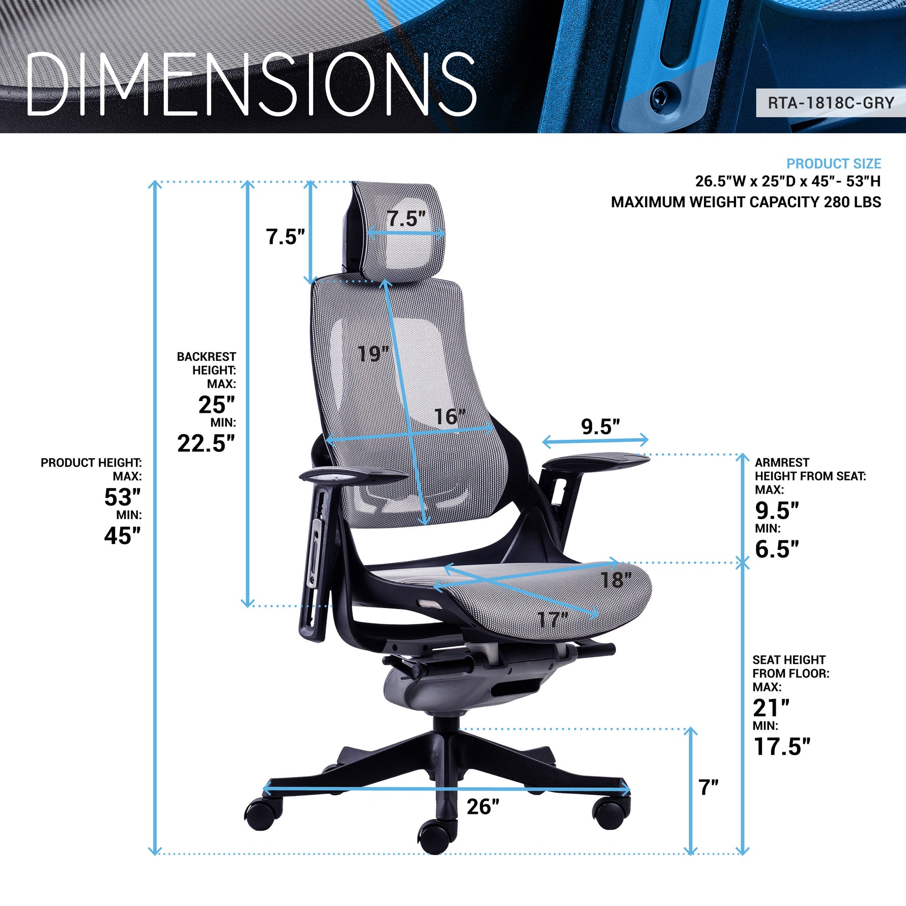 Techni Mobili LUX Ergonomic Executive Chair, Grey for home office seating