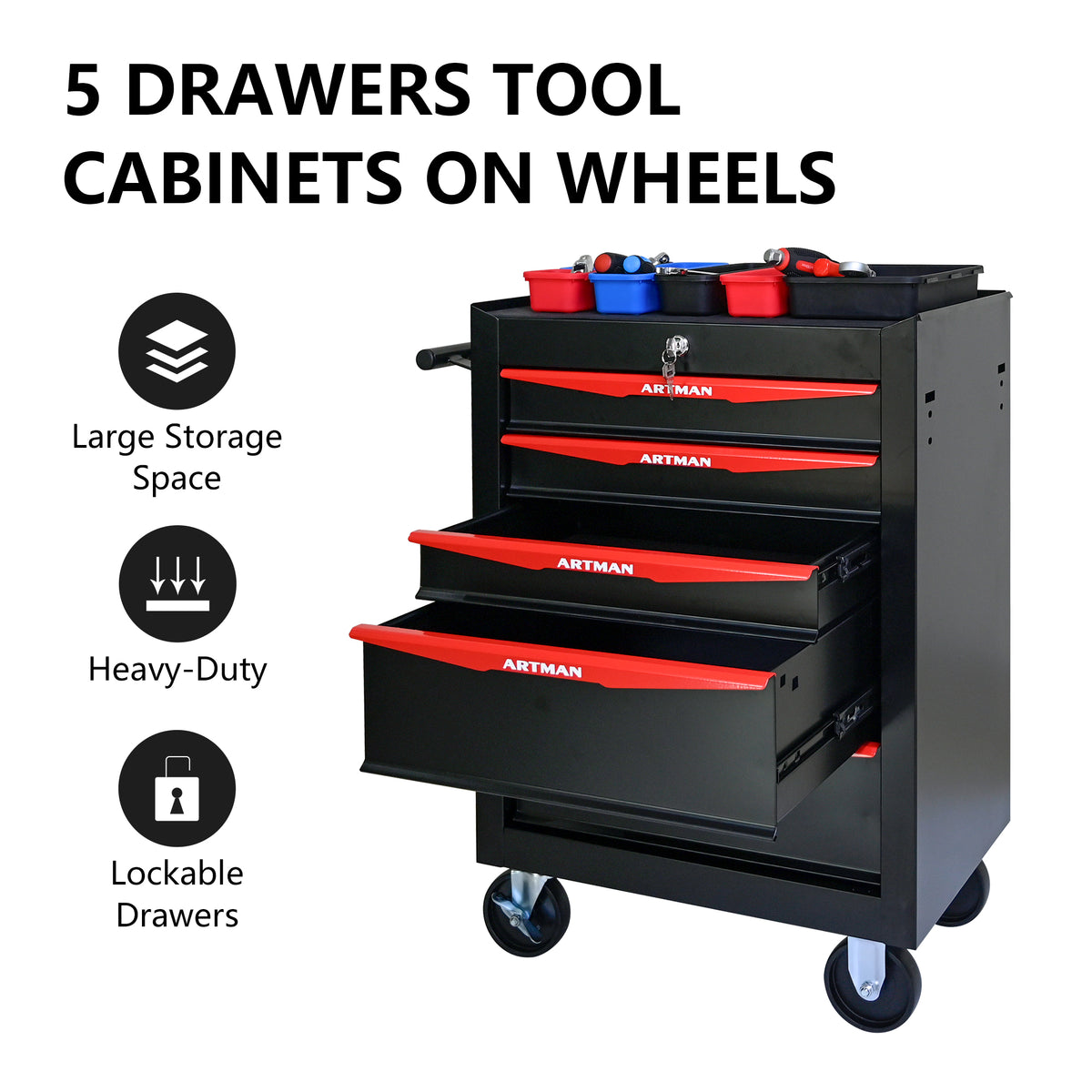 Rolling 5-Drawer Steel Tool Chest with Stainless Steel Top for workshop, garage, storage, or utility use