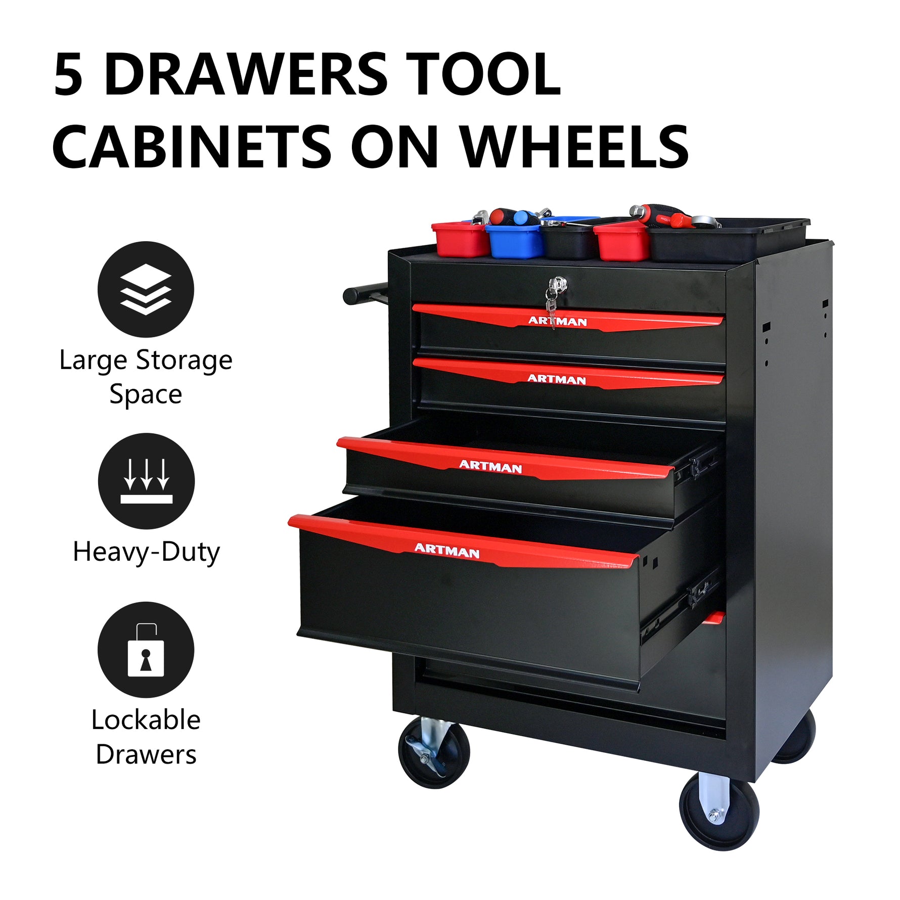 Rolling 5-Drawer Steel Tool Chest with Stainless Steel Top for workshop, garage, storage, or utility use