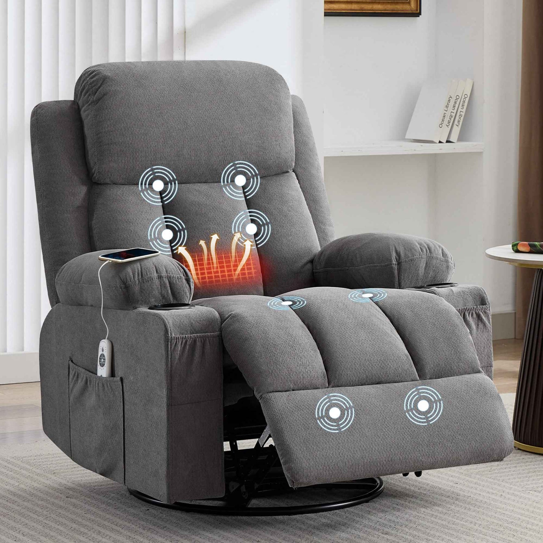 Swivel Rocker Recliner Chair with Vibration Massage, Heat, USB Port and Cup Holderrs detail image 26