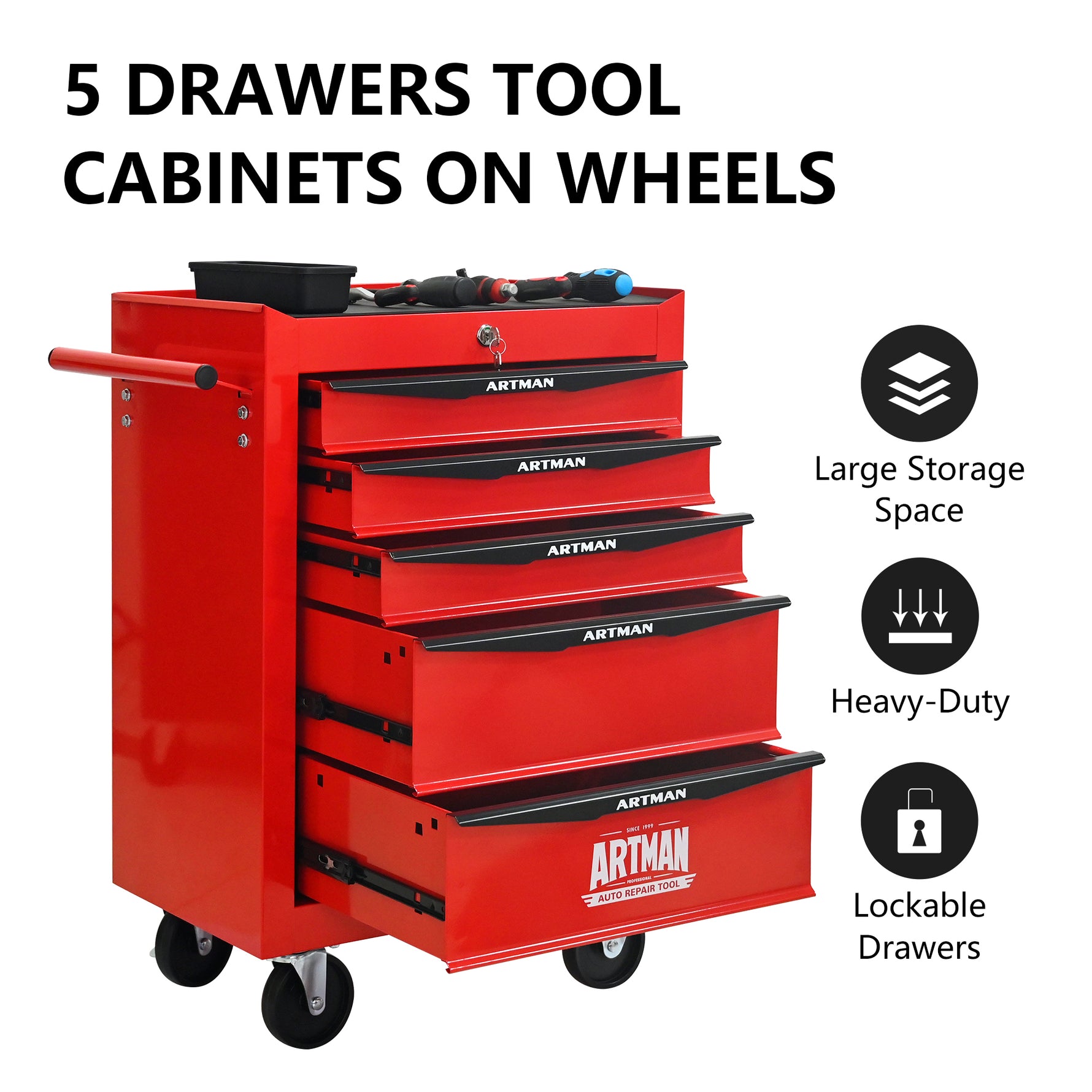 Rolling 5-Drawer Steel Tool Chest with Stainless Steel Top for workshop, garage, storage, or utility use