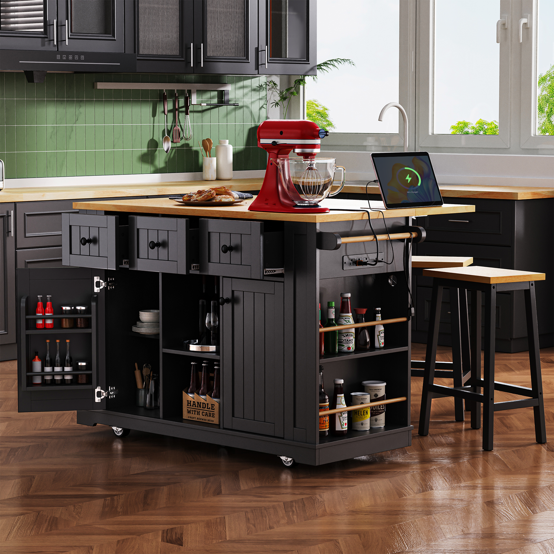 53" Farmhouse Kitchen Island with Drop Leaf, Power Outlet & Bar Stools kitchen island with rolling storage, seating, space-saving design