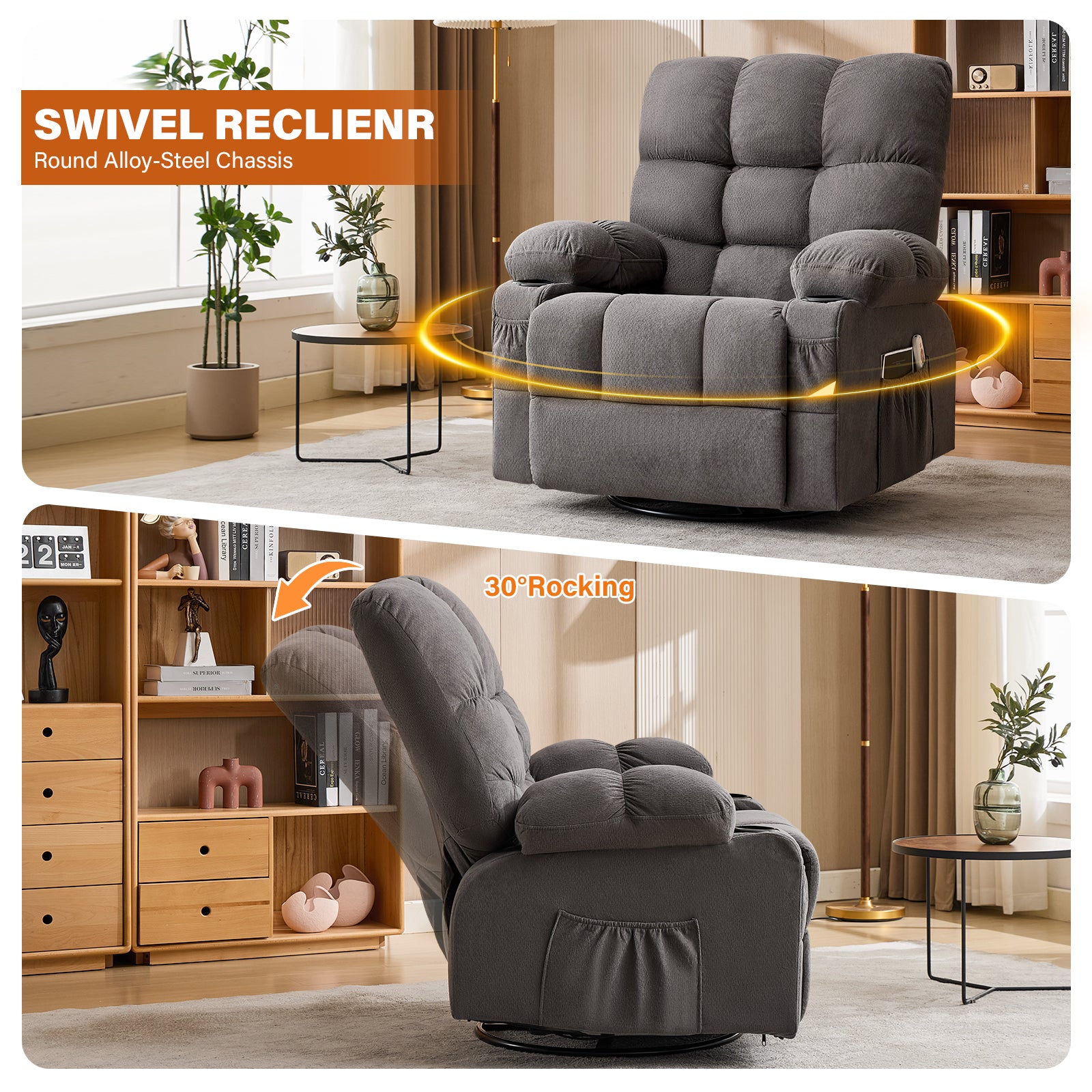 Massage Swivel Rocker Recliner Chair with Vibration, Lumbar Heating, Side Pocket detail image 37