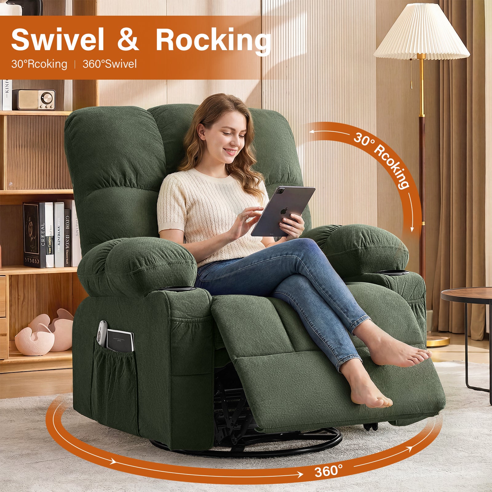 Massage Swivel Rocker Recliner Chair with Vibration, Lumbar Heating, Side Pocket detail image 35