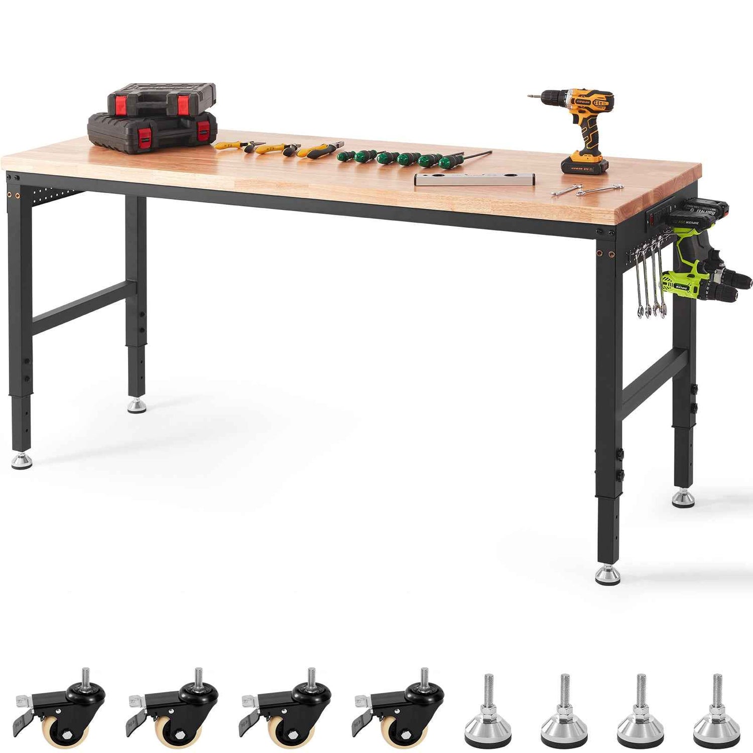 VEVOR Adjustable Height Hardwood Workbench with Power Outlets for workshop, garage, storage, or utility use