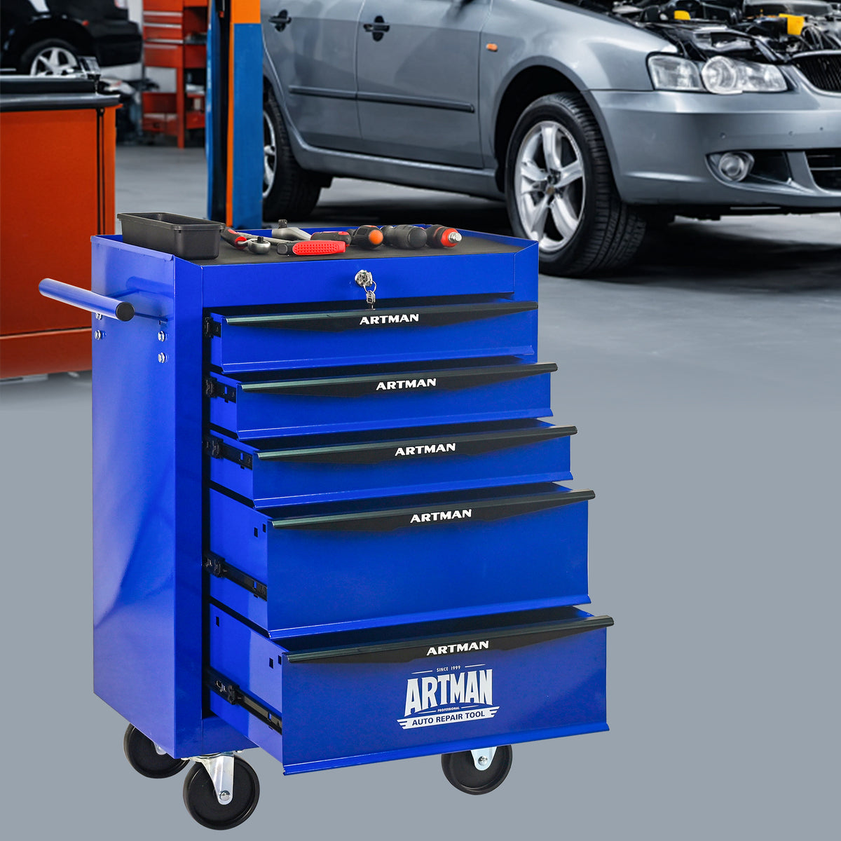 Rolling 5-Drawer Steel Tool Chest with Stainless Steel Top for workshop, garage, storage, or utility use