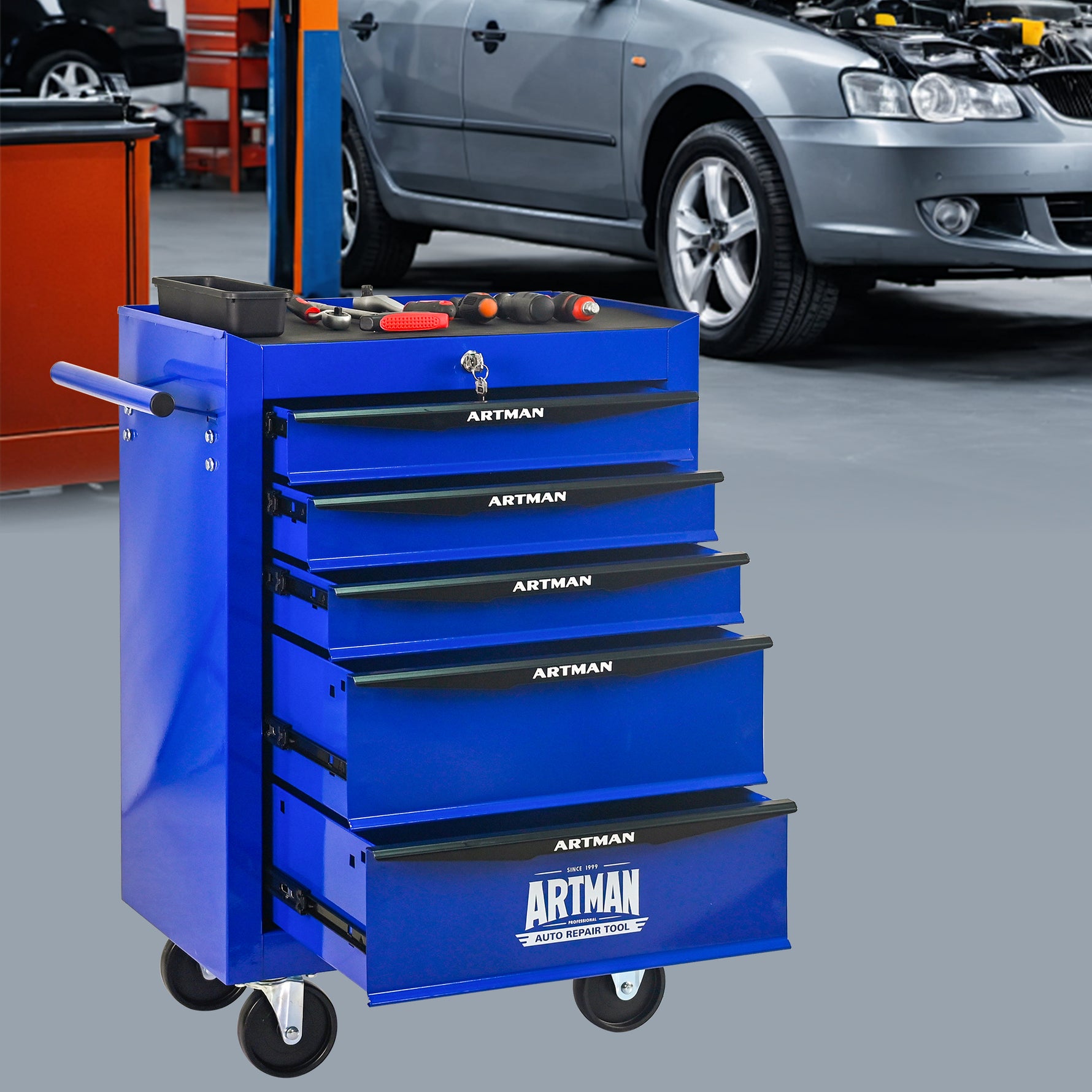 Rolling 5-Drawer Steel Tool Chest with Stainless Steel Top for workshop, garage, storage, or utility use