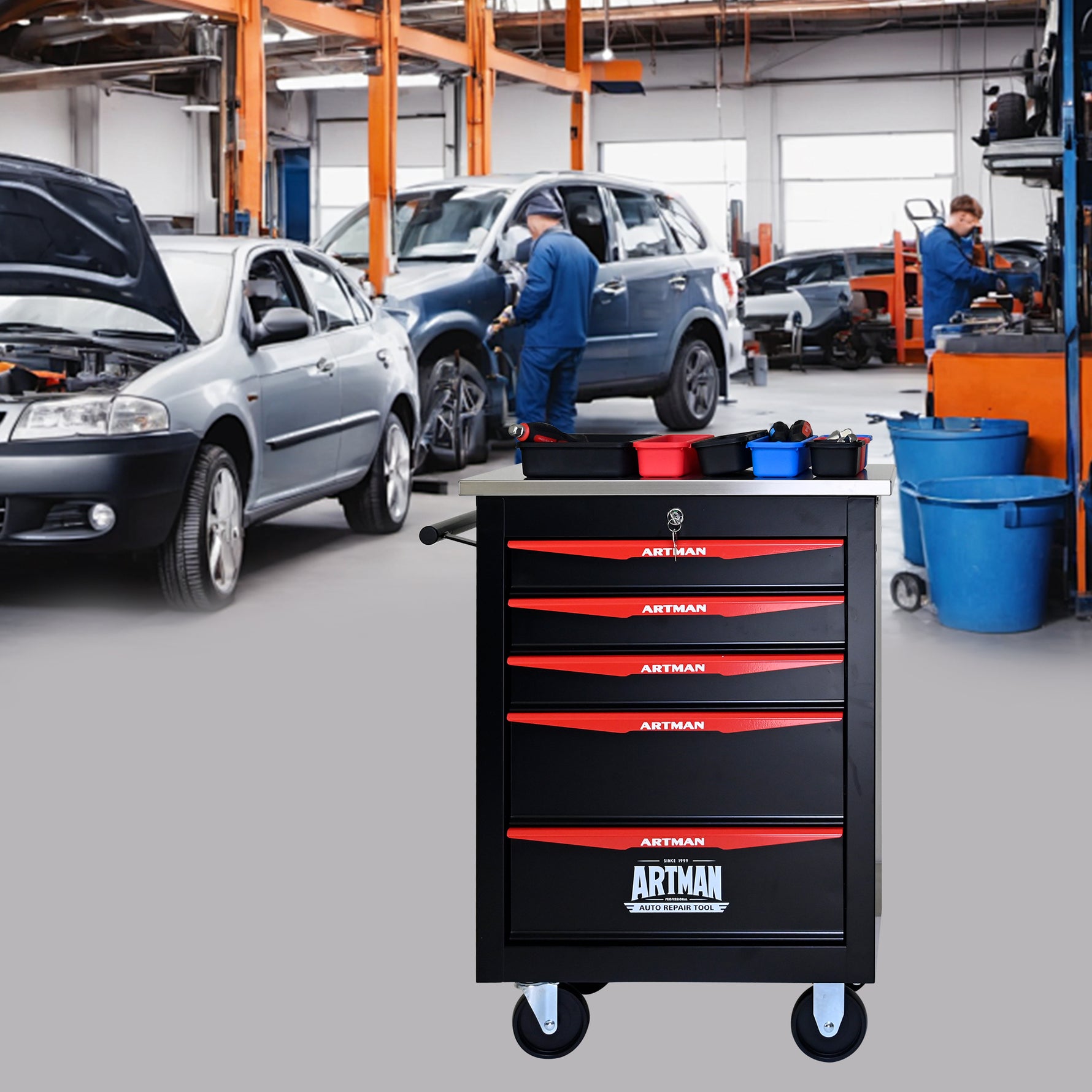 Rolling 5-Drawer Steel Tool Chest with Stainless Steel Top for workshop, garage, storage, or utility use