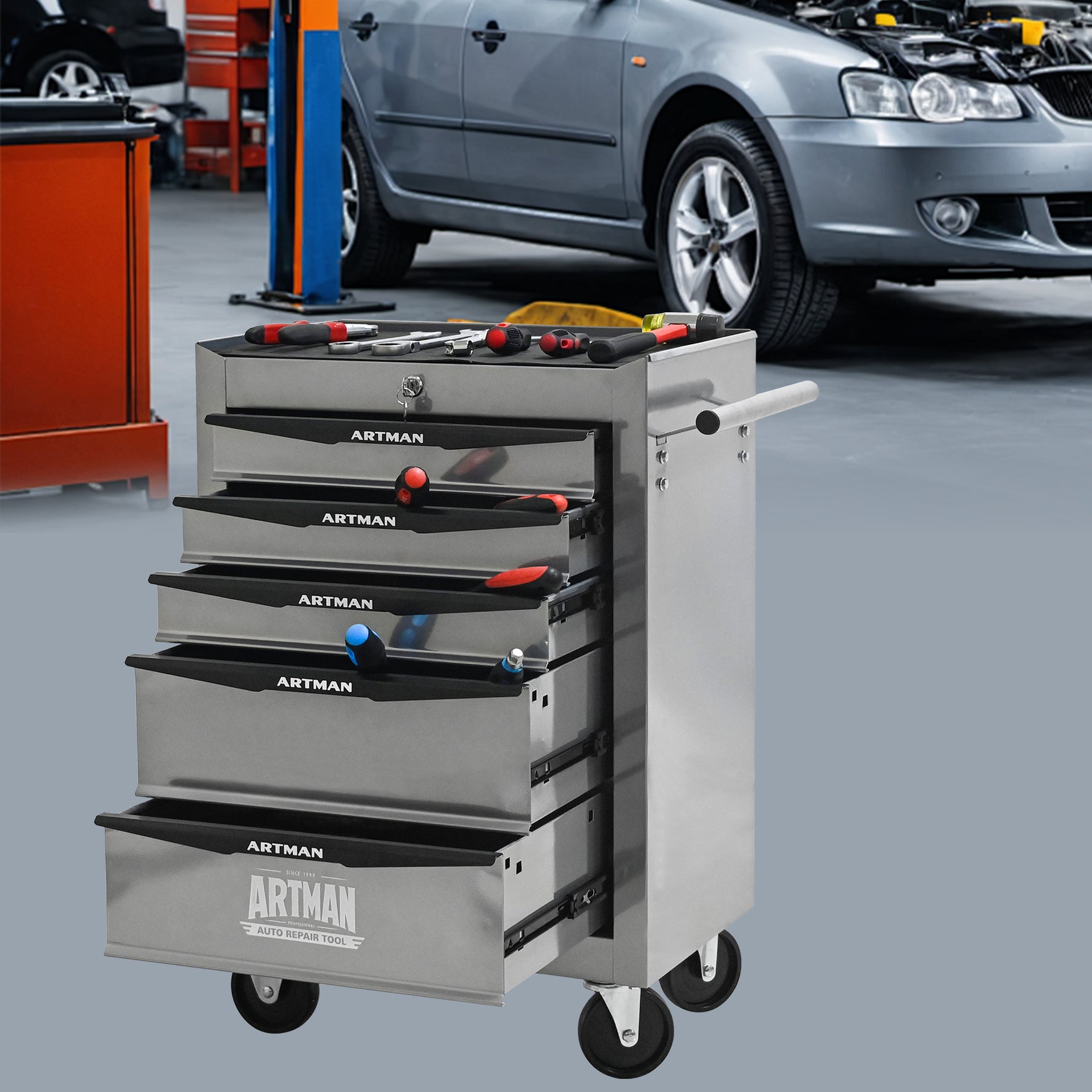 Rolling 5-Drawer Steel Tool Chest with Stainless Steel Top for workshop, garage, storage, or utility use