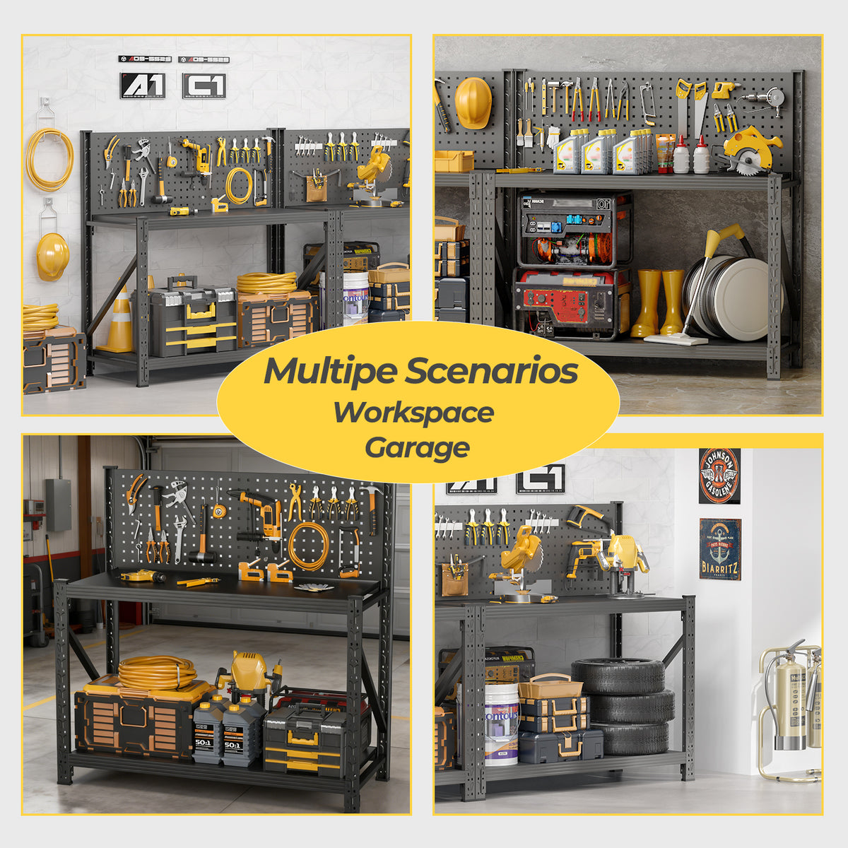 Heavy-Duty Metal Shelving & Workbench with Pegboard, 3000 lb Capacity for workshop, garage, storage, or utility use