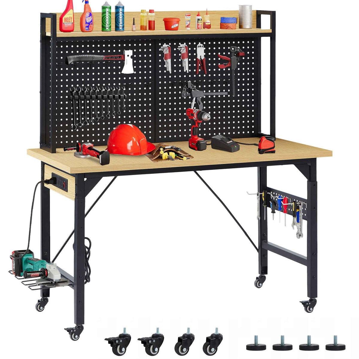 Heavy-Duty Adjustable Workbench with Pegboard & Wheels workshop project bench