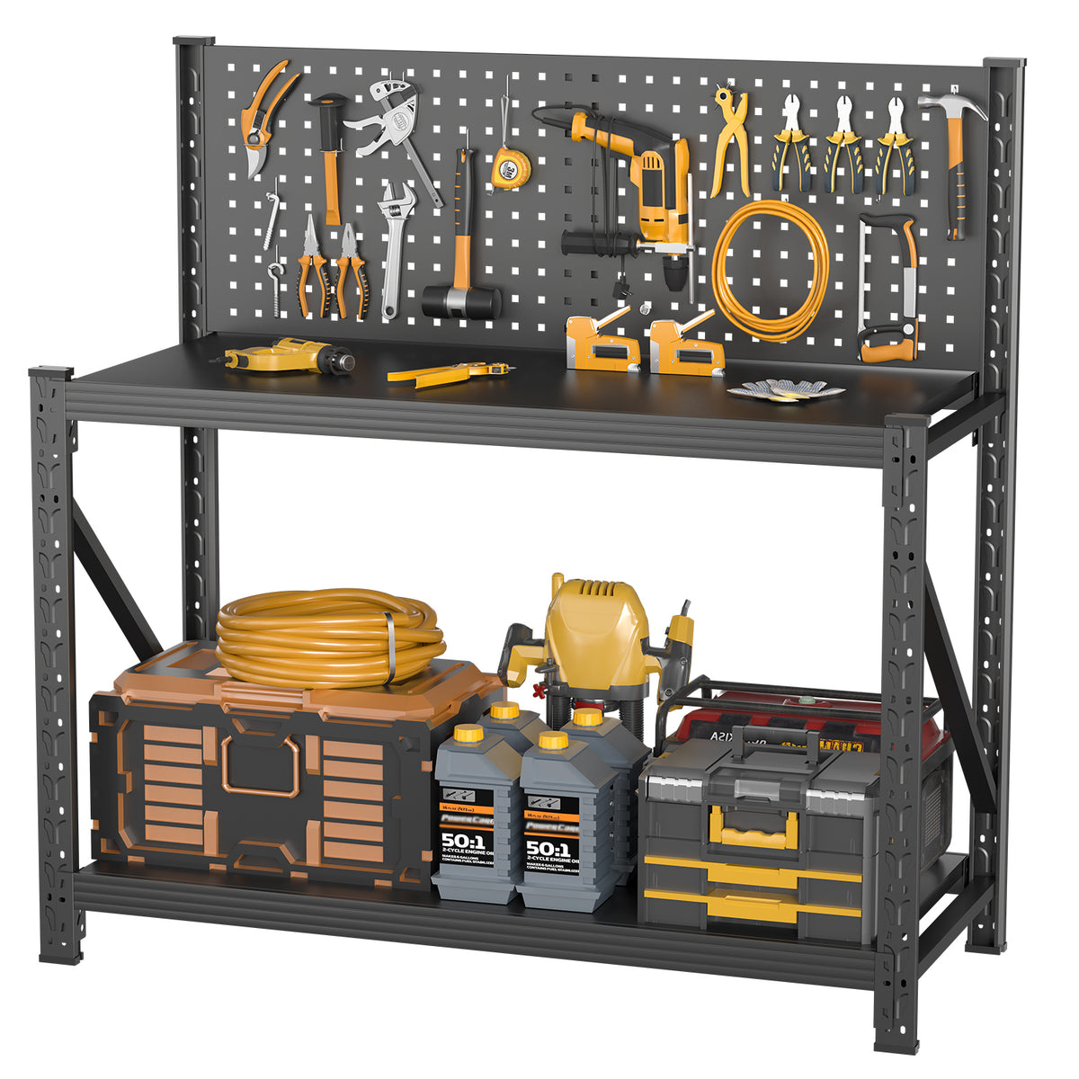 Heavy-Duty Metal Shelving & Workbench with Pegboard, 3000 lb Capacity for workshop, garage, storage, or utility use