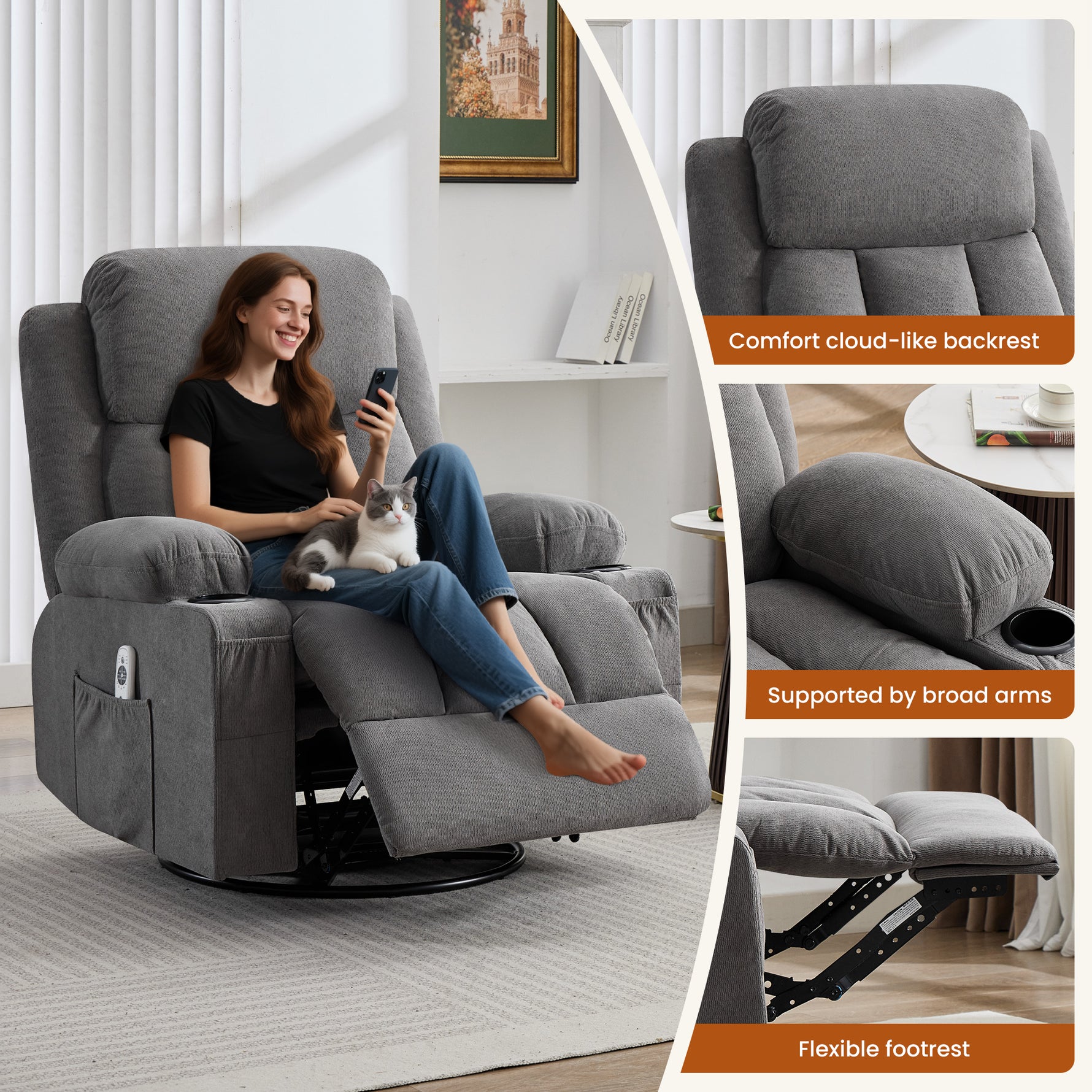 Swivel Rocker Recliner Chair with Vibration Massage, Heat, USB Port and Cup Holderrs detail image 32