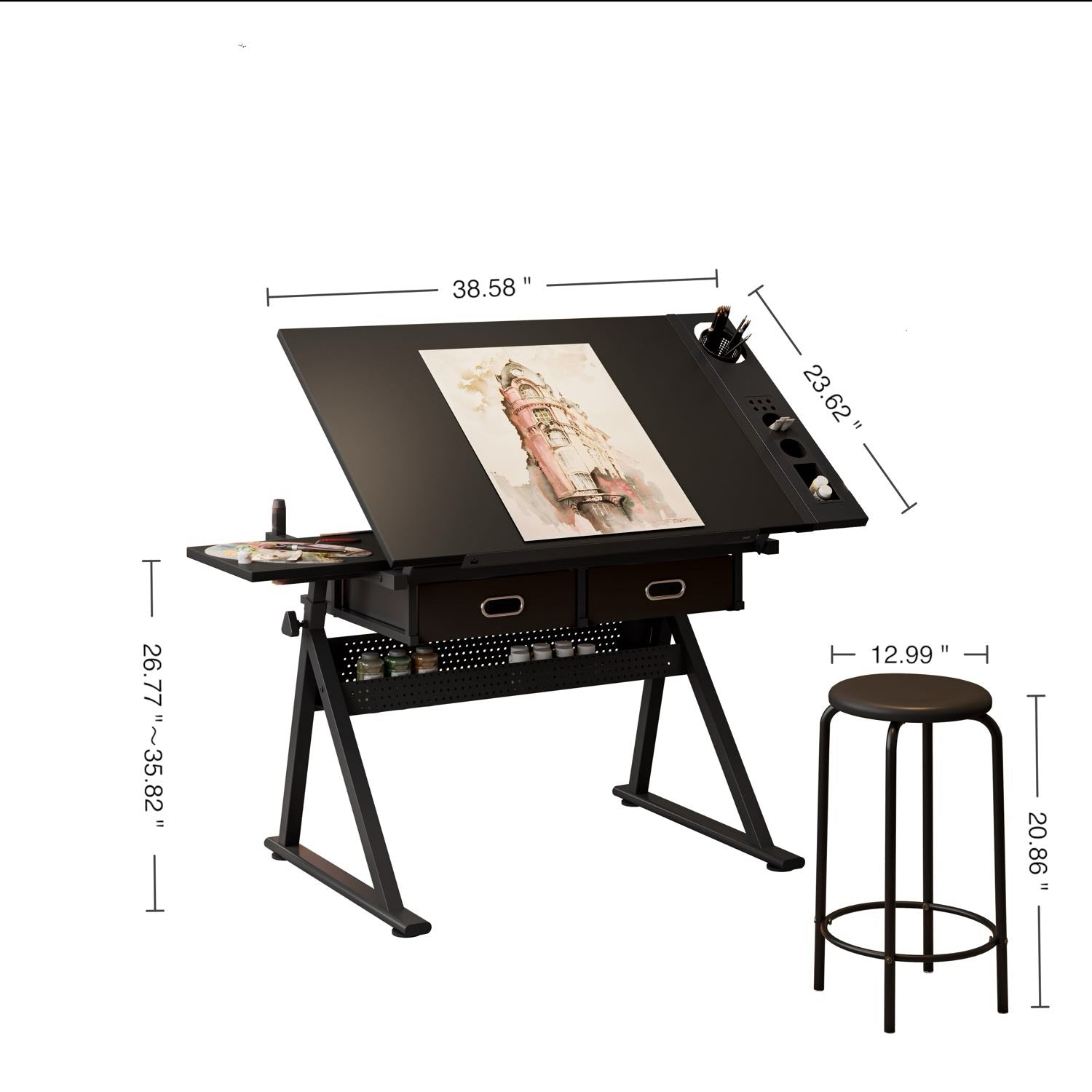 Hand Crank Adjustable Drafting Table with Drawers & Stool hobby and puzzle table