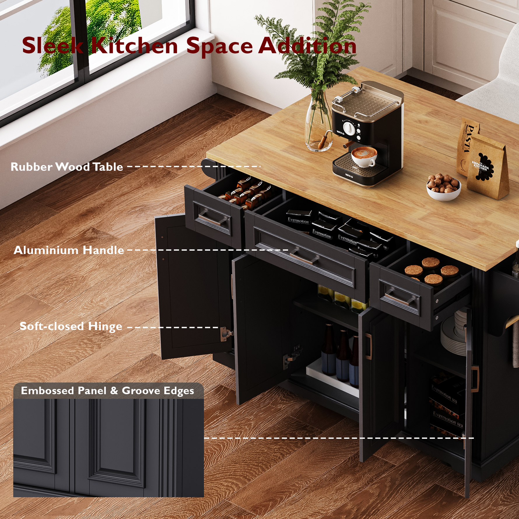 54 in. Rolling Kitchen Island with Drop Leaf & Storage product view 38